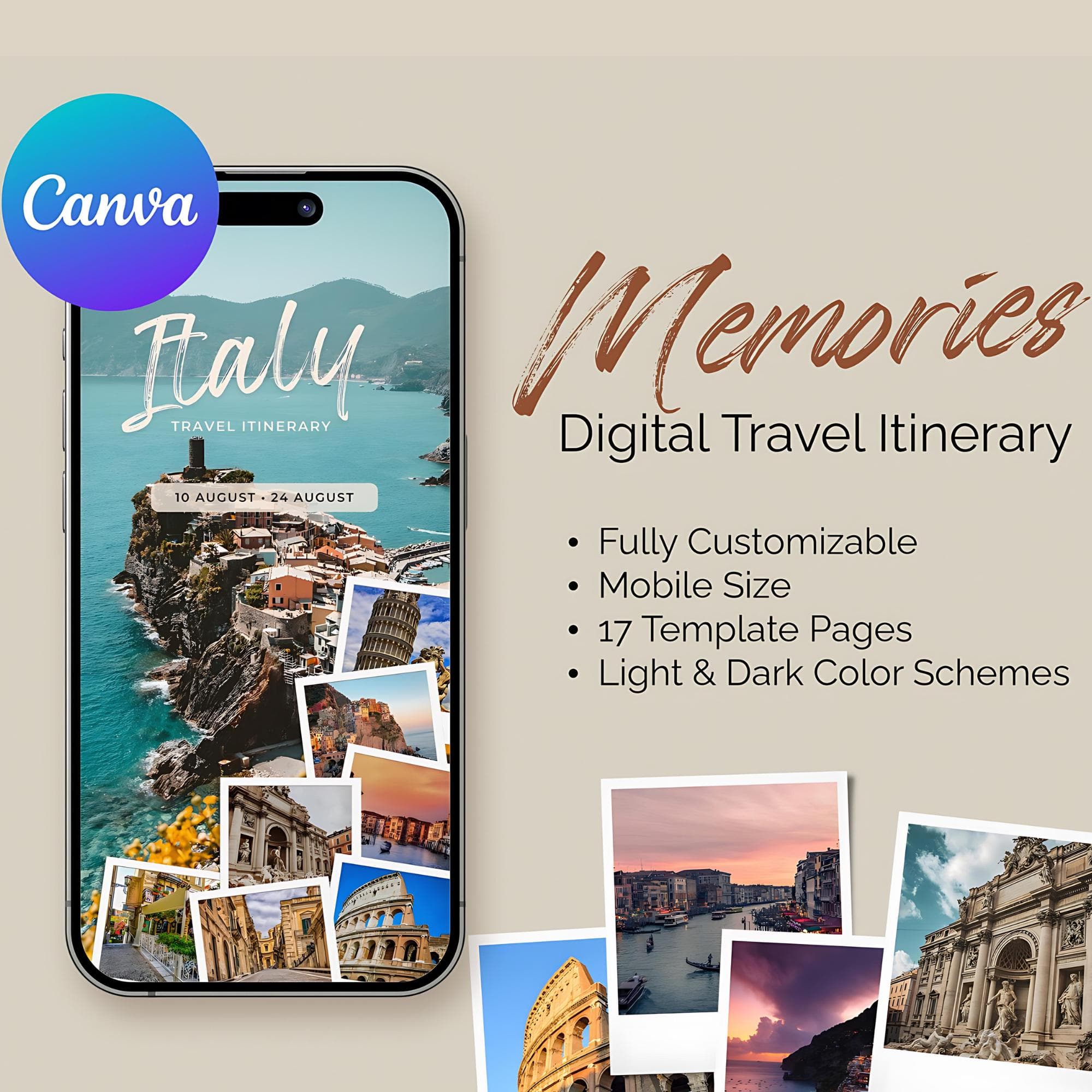 Travel Itinerary Digital Template | Travel Agent Planner | Traveling Guide | Mobile Trip Itinerary Template | Editable Canva Template Summer