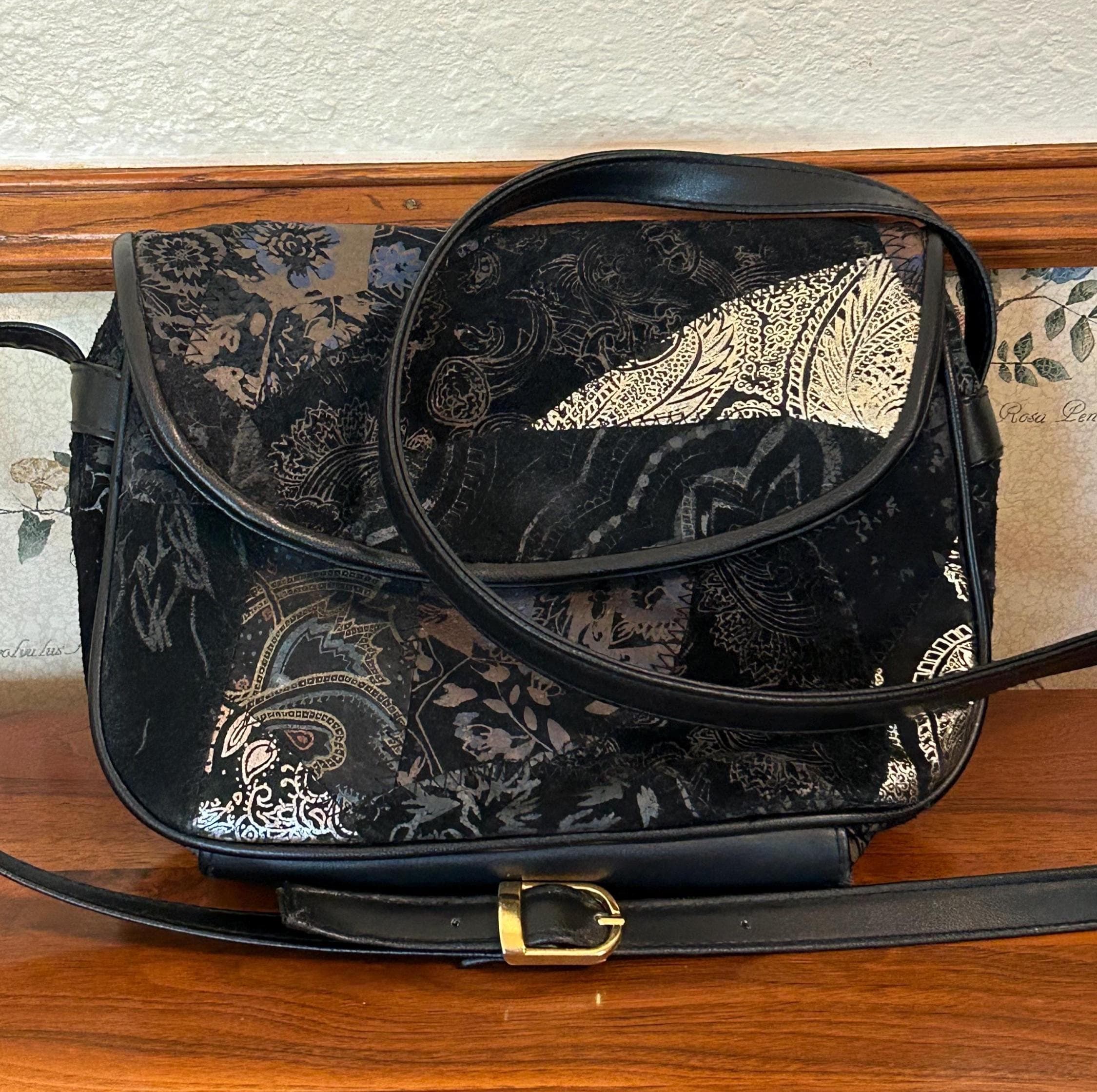 Vintage Black Paisley Crossbody Purse - Shiny Suede Mixed Material 9" x 7" Bag