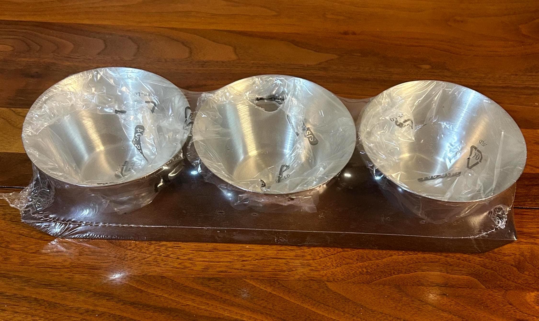 3 Metal Bowls on Wood Serving Tray 15" - Brand New