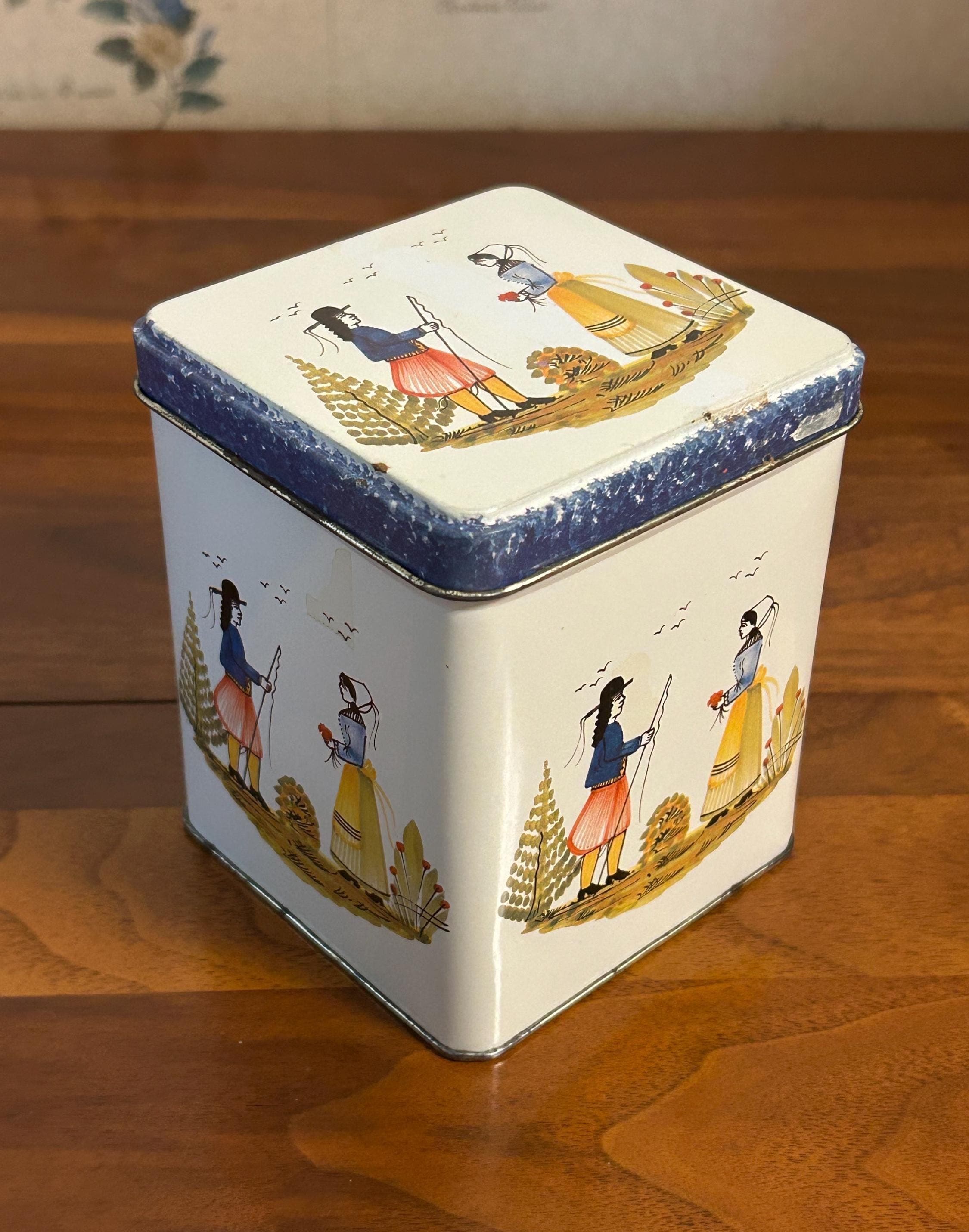 Vintage Quimper Style Folk Art Tin Box 4 1/2" Tall European Couple