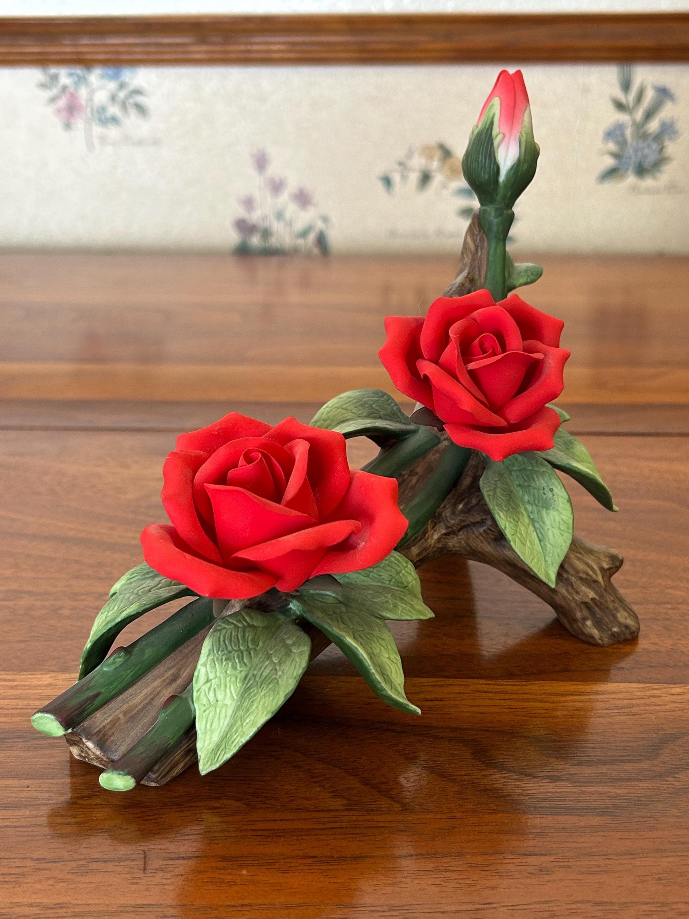 Vintage Andrea by Sadek Red Roses with Bud - Porcelain Floral Sculpture 1997