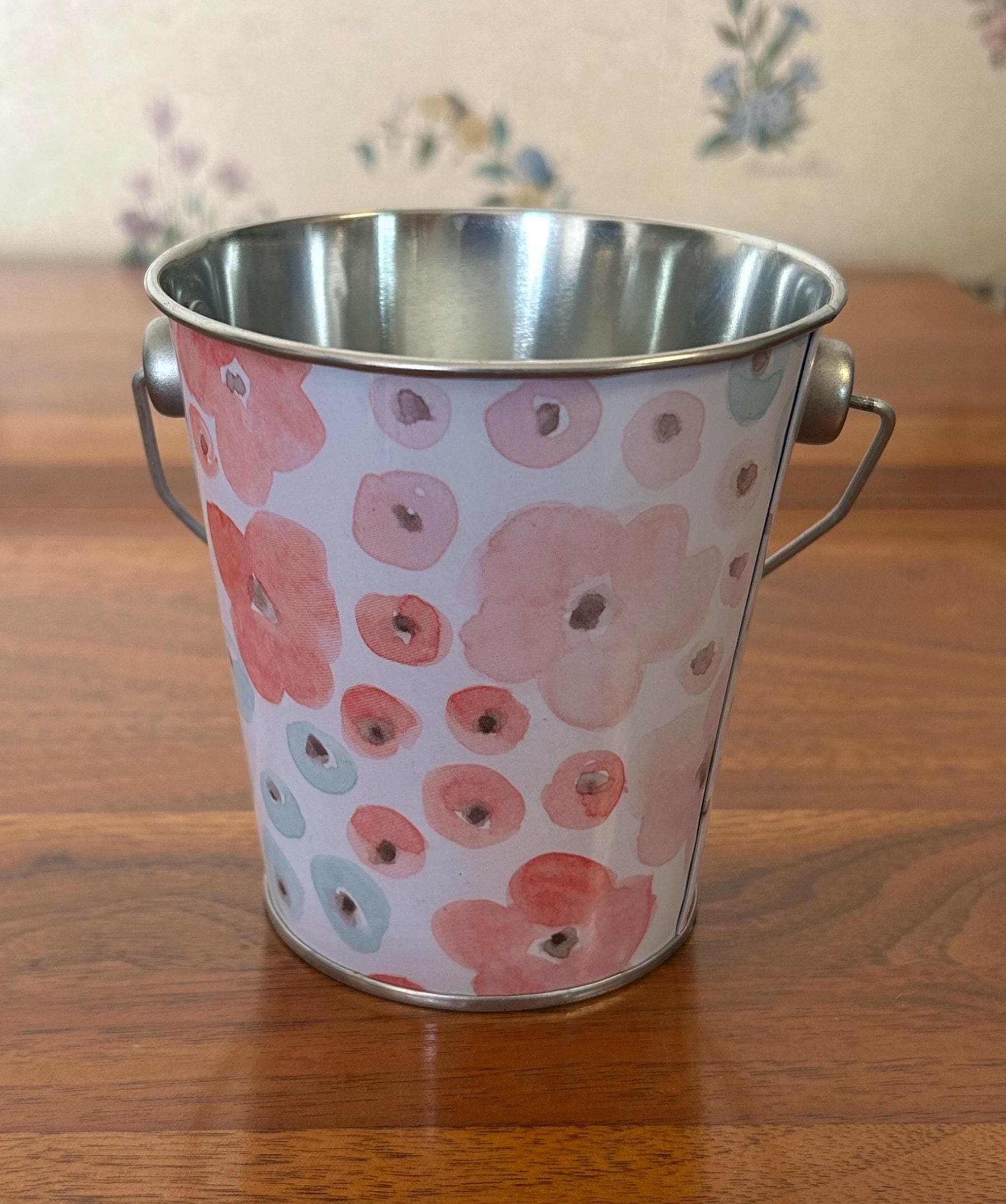 Vintage Floral Bucket Collectible Tin 4" Tall - Metal Storage Container