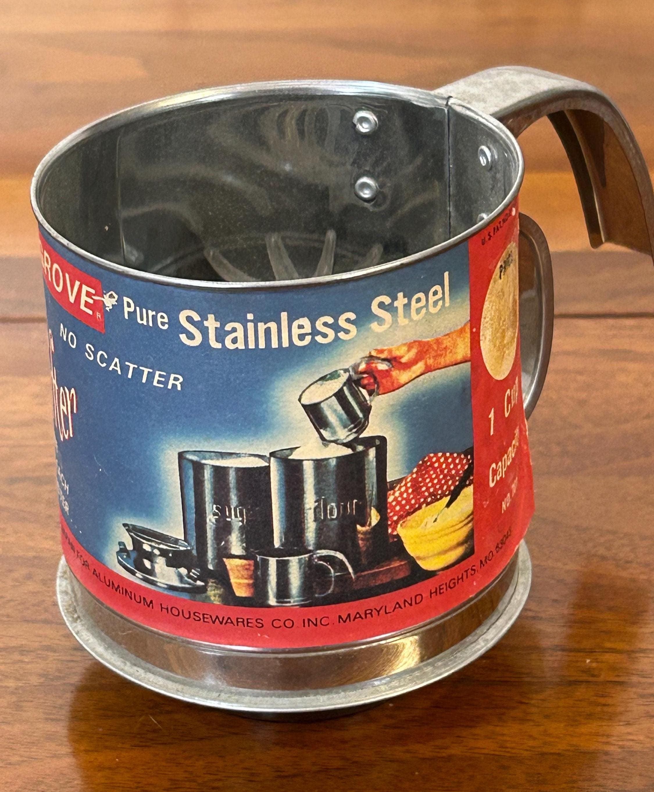 Vintage 1 Cup Stainless Steel Flour Sifter- 1950's Original Label