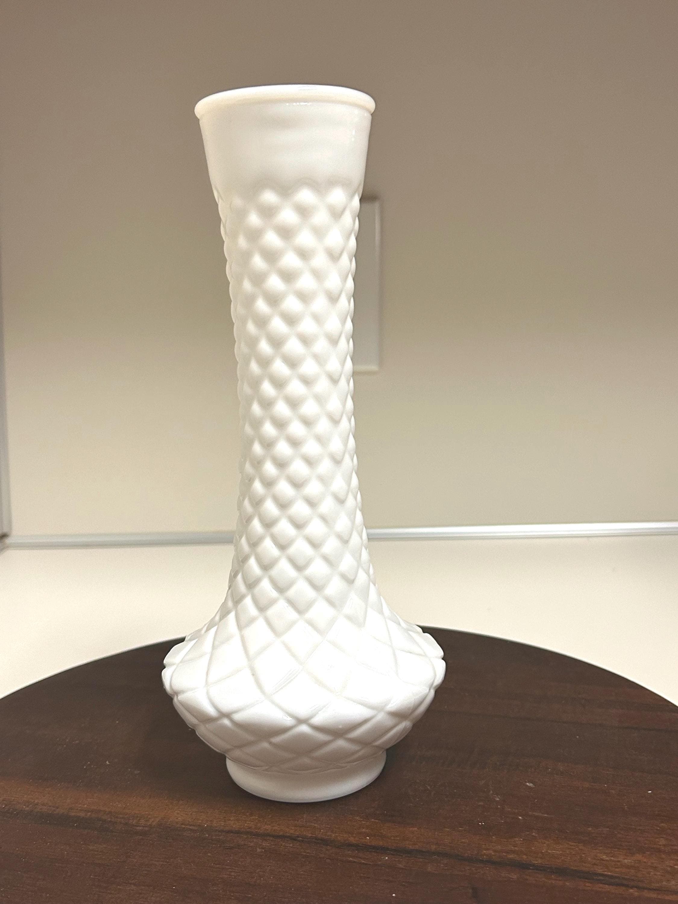 Vintage Milk Glass Pedestal VASE 9" white bud vase diamond pattern table centerpiece Great Condition looks Brand New 1950's