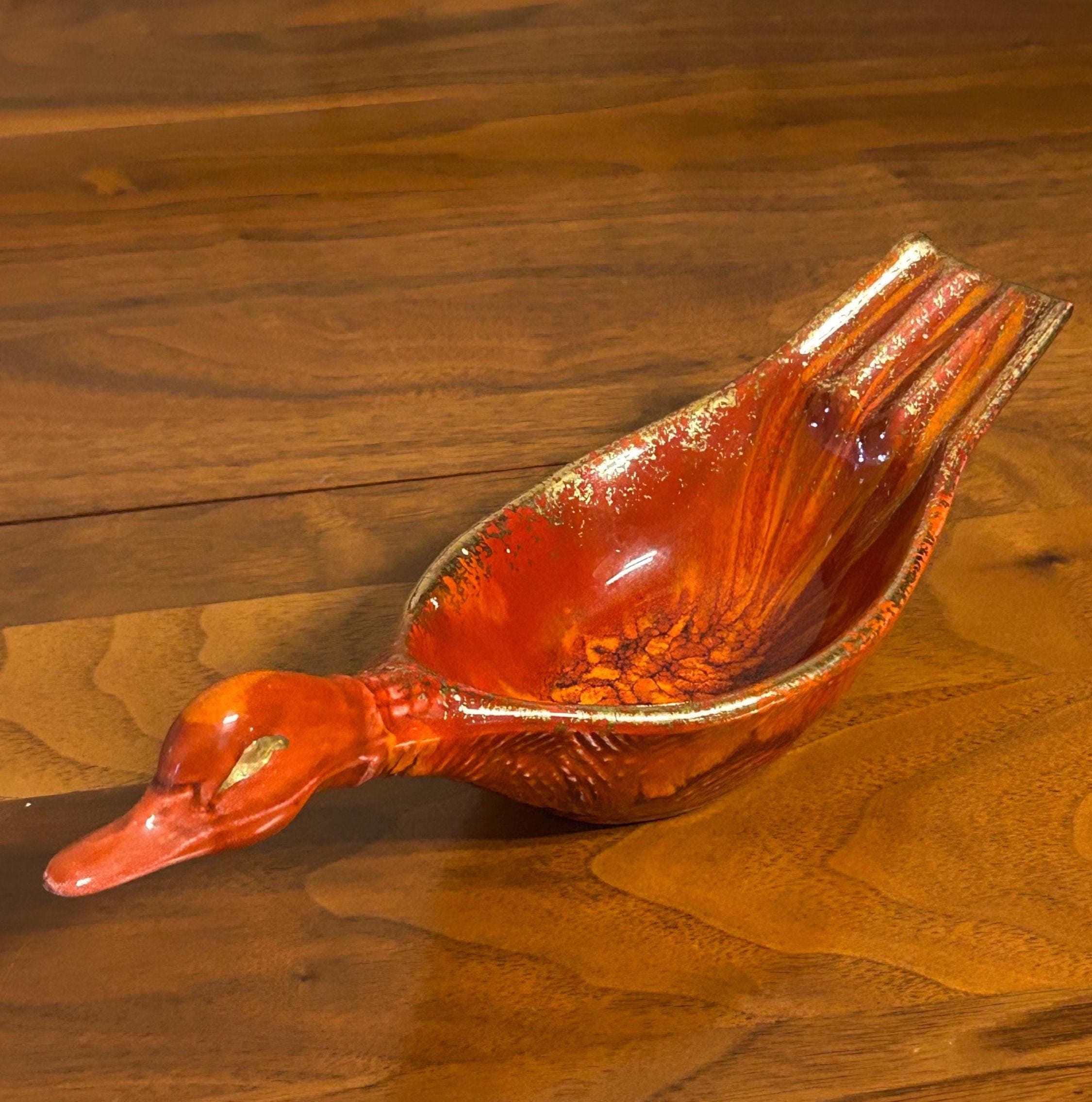 Vintage California Pottery Duck Ashtray Trinket Dish 9 1/2" - Red Drip Glaze 1960's