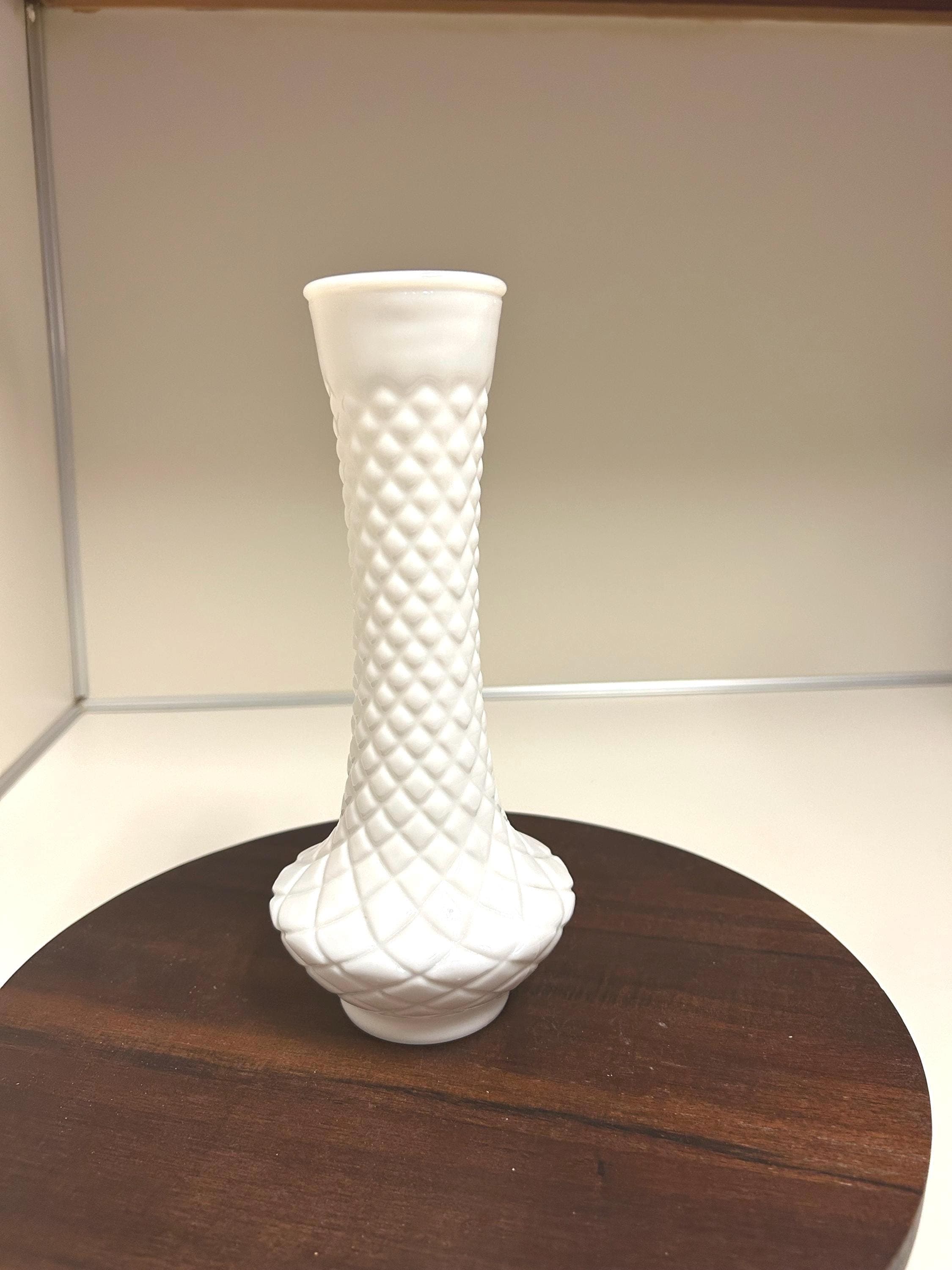 Vintage Milk Glass Pedestal Vase: 9" Diamond Pattern Bud Vase