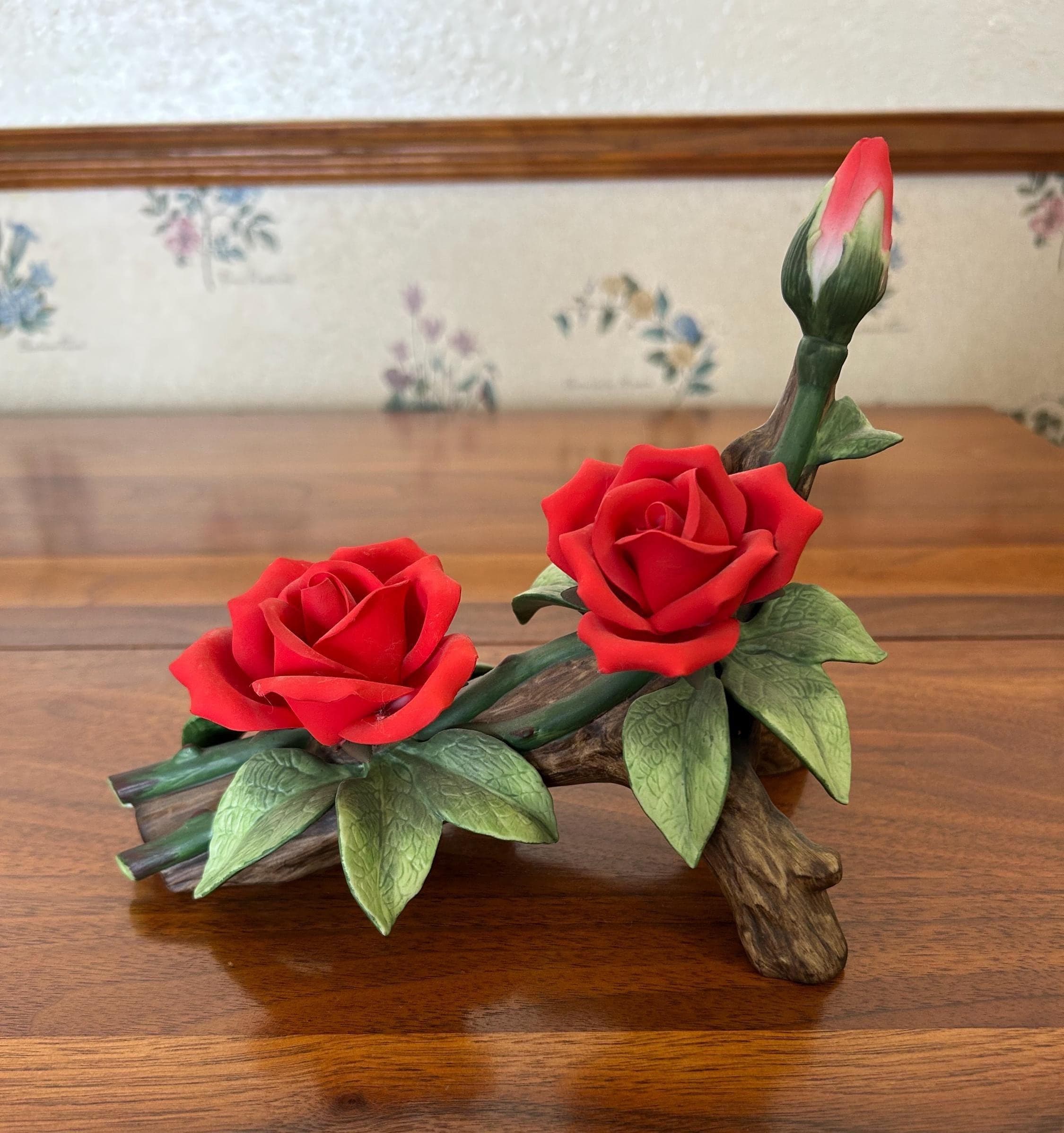 Vintage Andrea by Sadek Red Roses with Bud - Porcelain Floral Sculpture 1997