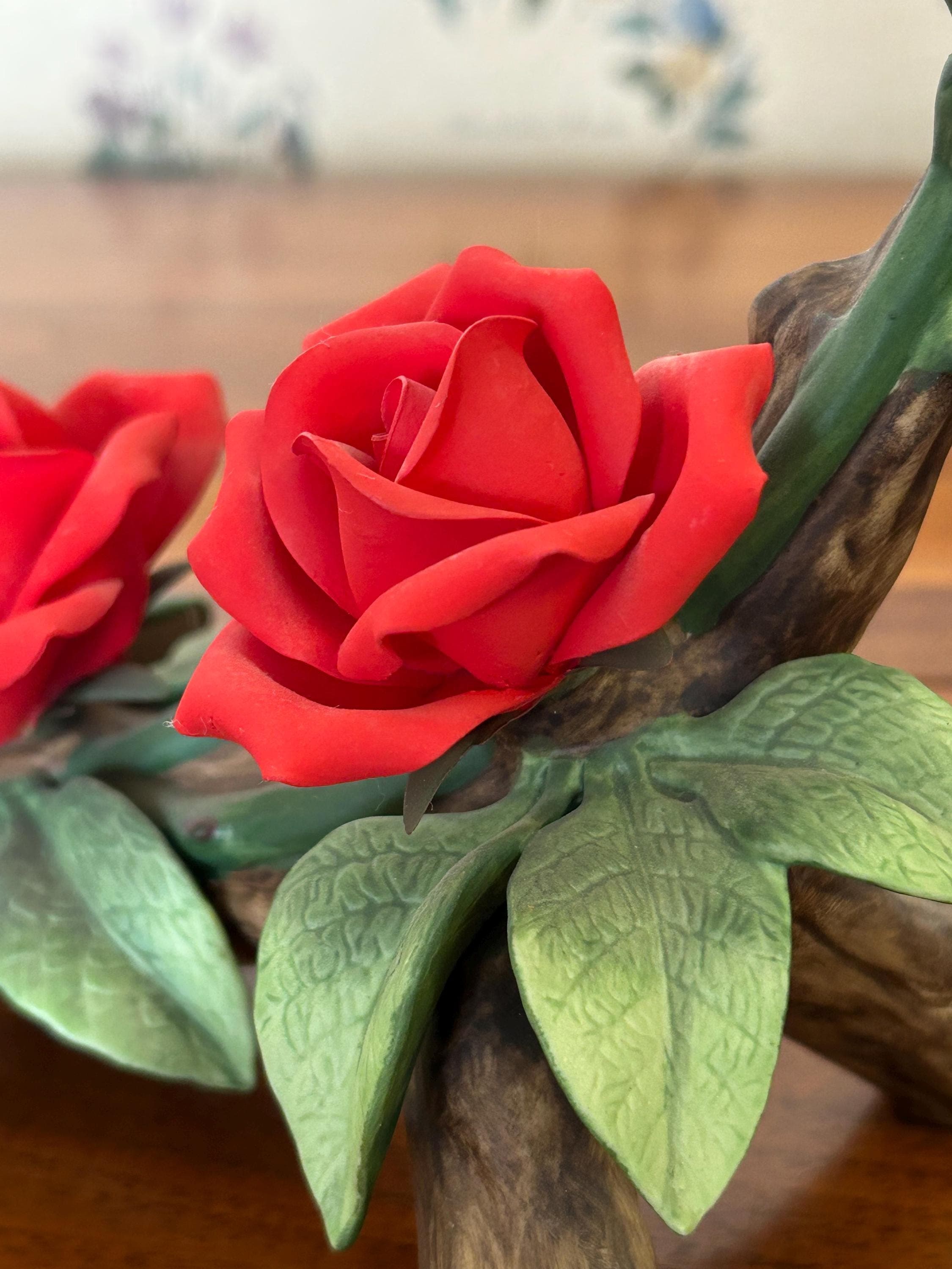 Vintage Andrea by Sadek Red Roses with Bud - Porcelain Floral Sculpture 1997