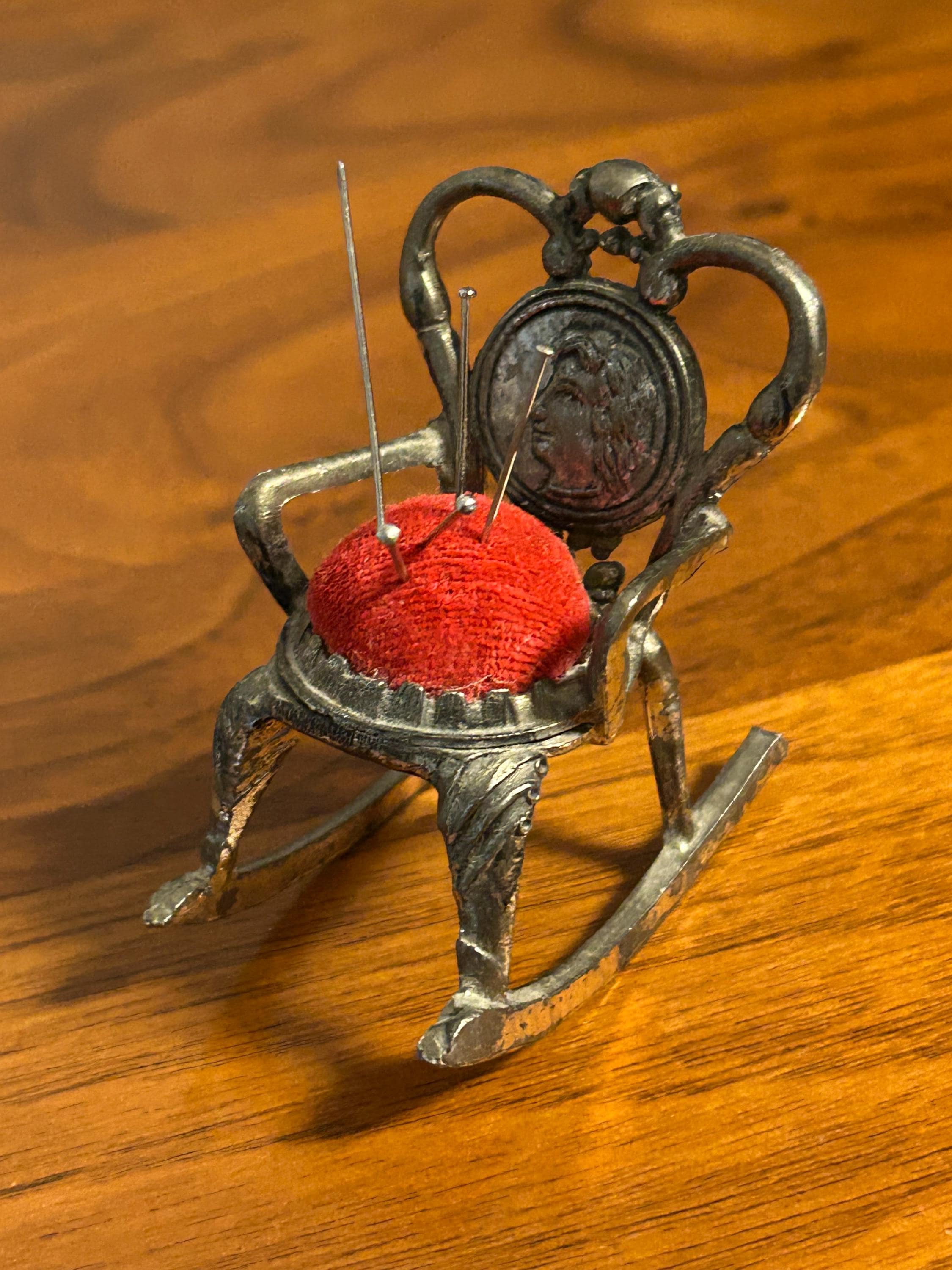 Vintage Miniature Rocking Chair Pin Cushion 2 1/4" - Silver Toned 1970s Sewing Decor