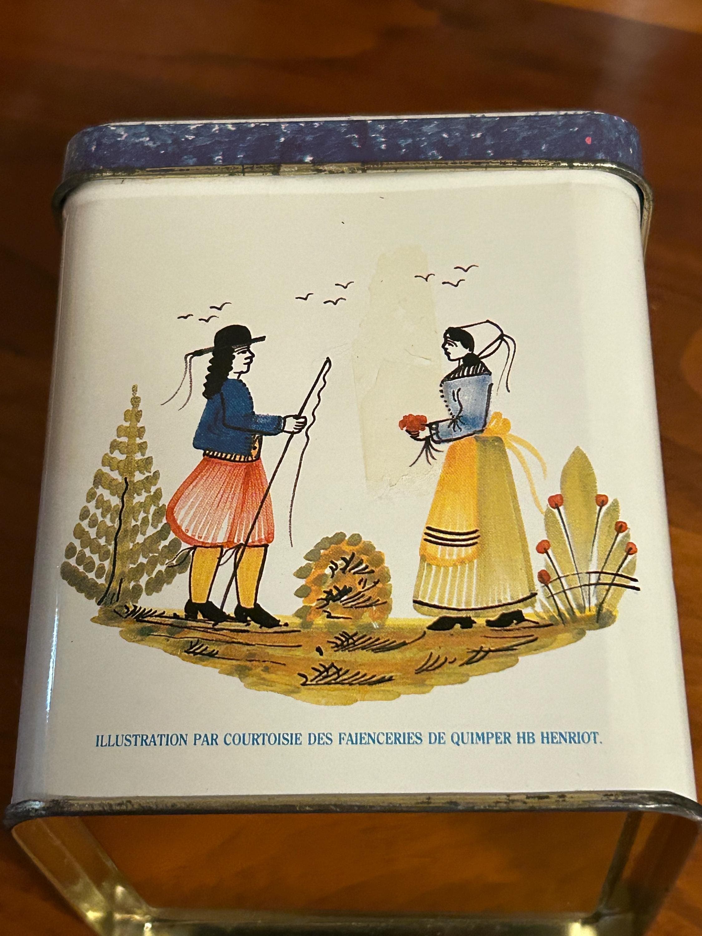 Vintage Quimper Style Folk Art Tin Box European Couple 4 1/2" Tall