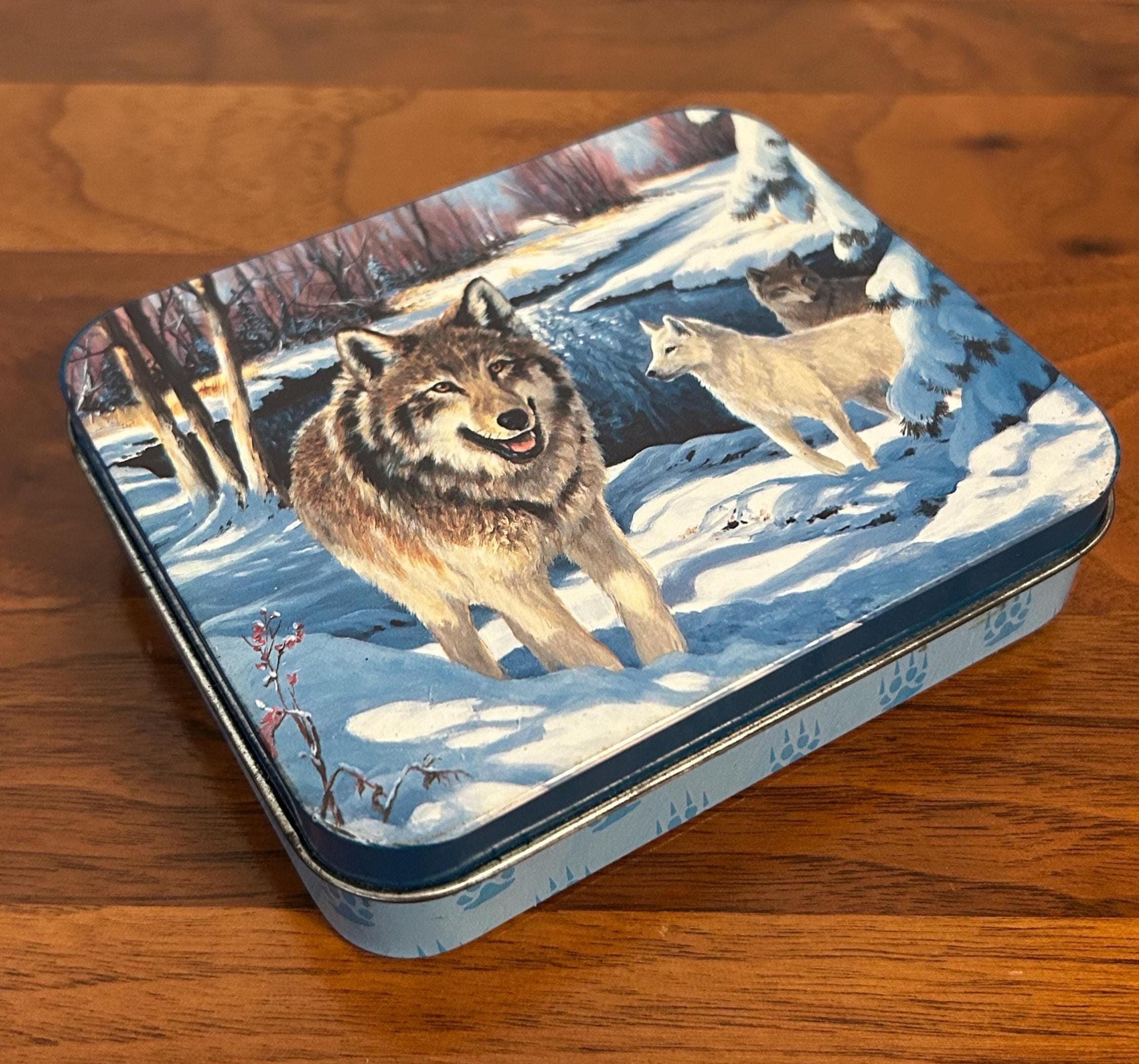 Vintage Wolf Scene Tin Box 4 3/4" - Winter Wolves Metal Storage