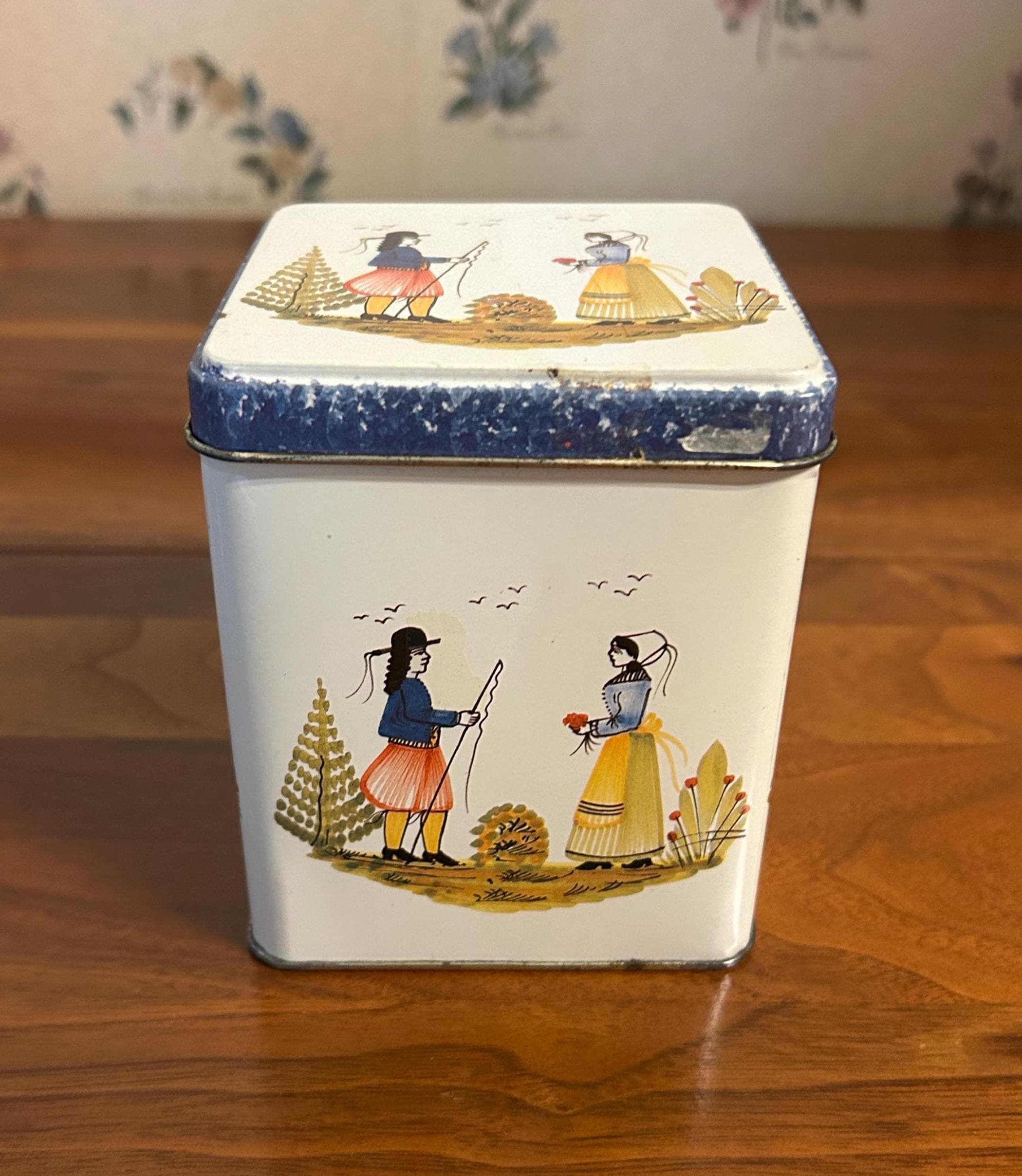 Vintage Quimper Style Folk Art Tin Box European Couple 4 1/2" Tall