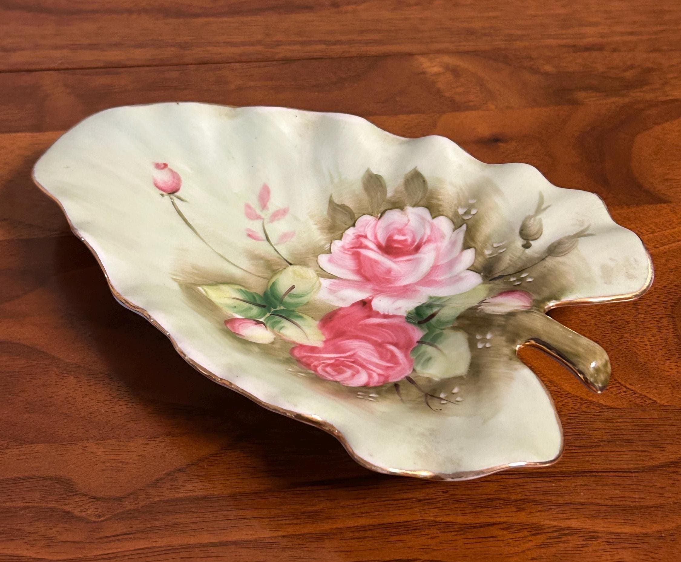 Vintage Lefton China Heritage Leaf Dish Hand Painted Japan 7" Floral