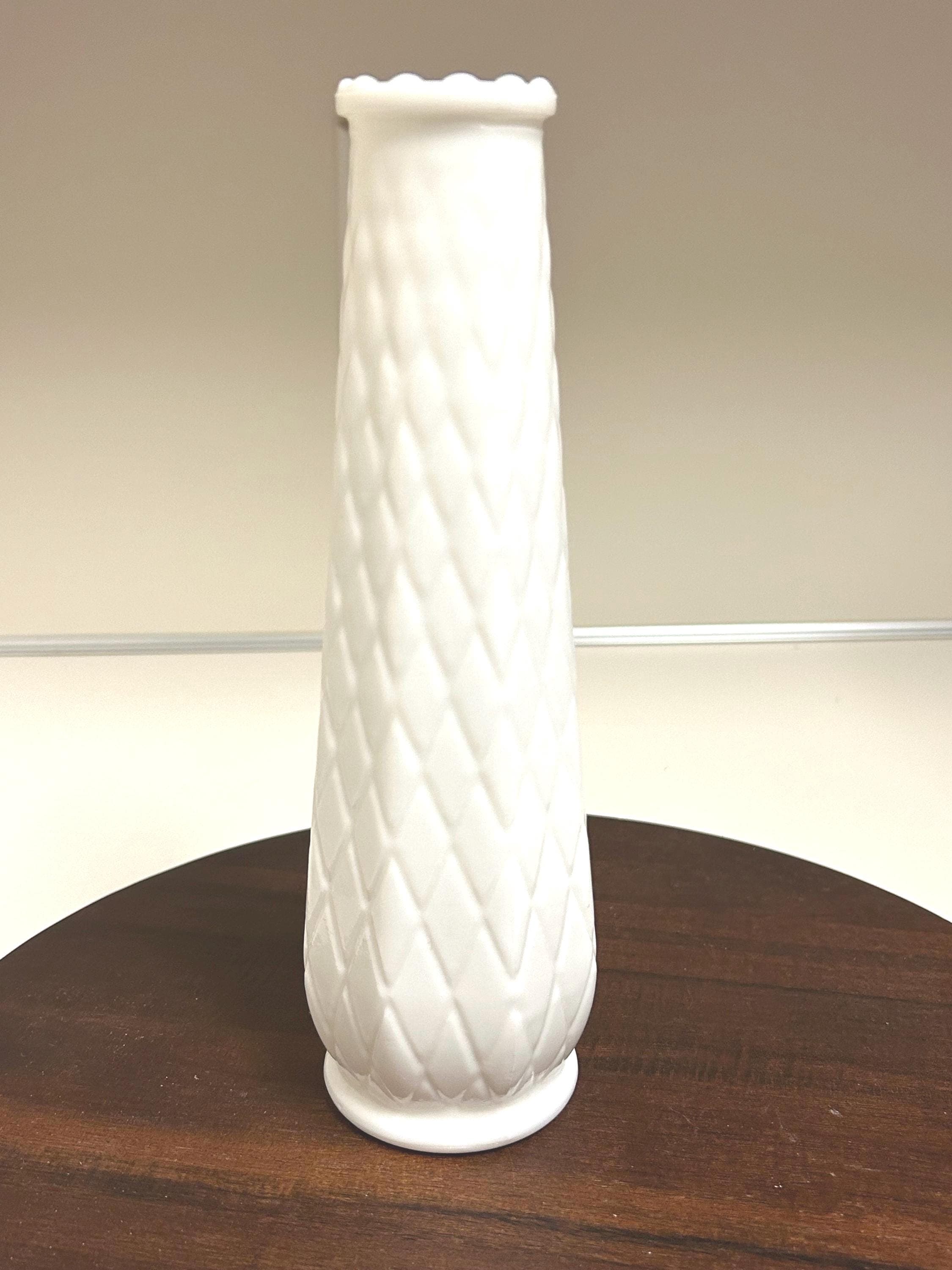 Vintage E.O. Brody Co. Milk Glass Bud VASE 8 3/4" white M-147 diamond quilt pattern centerpiece Great Condition looks Brand New 1950's USA