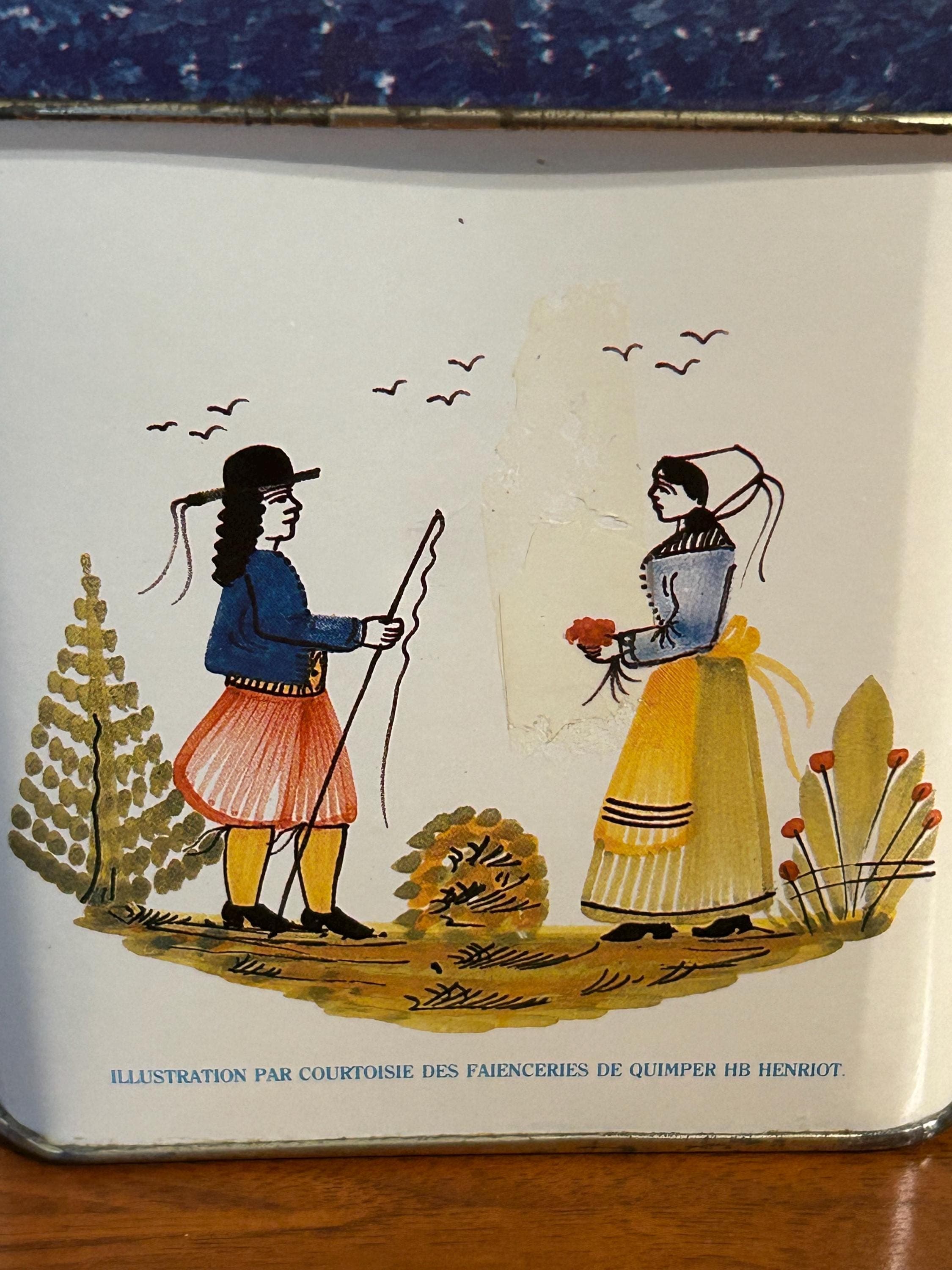 Vintage Quimper Style Folk Art Tin Box European Couple 4 1/2" Tall