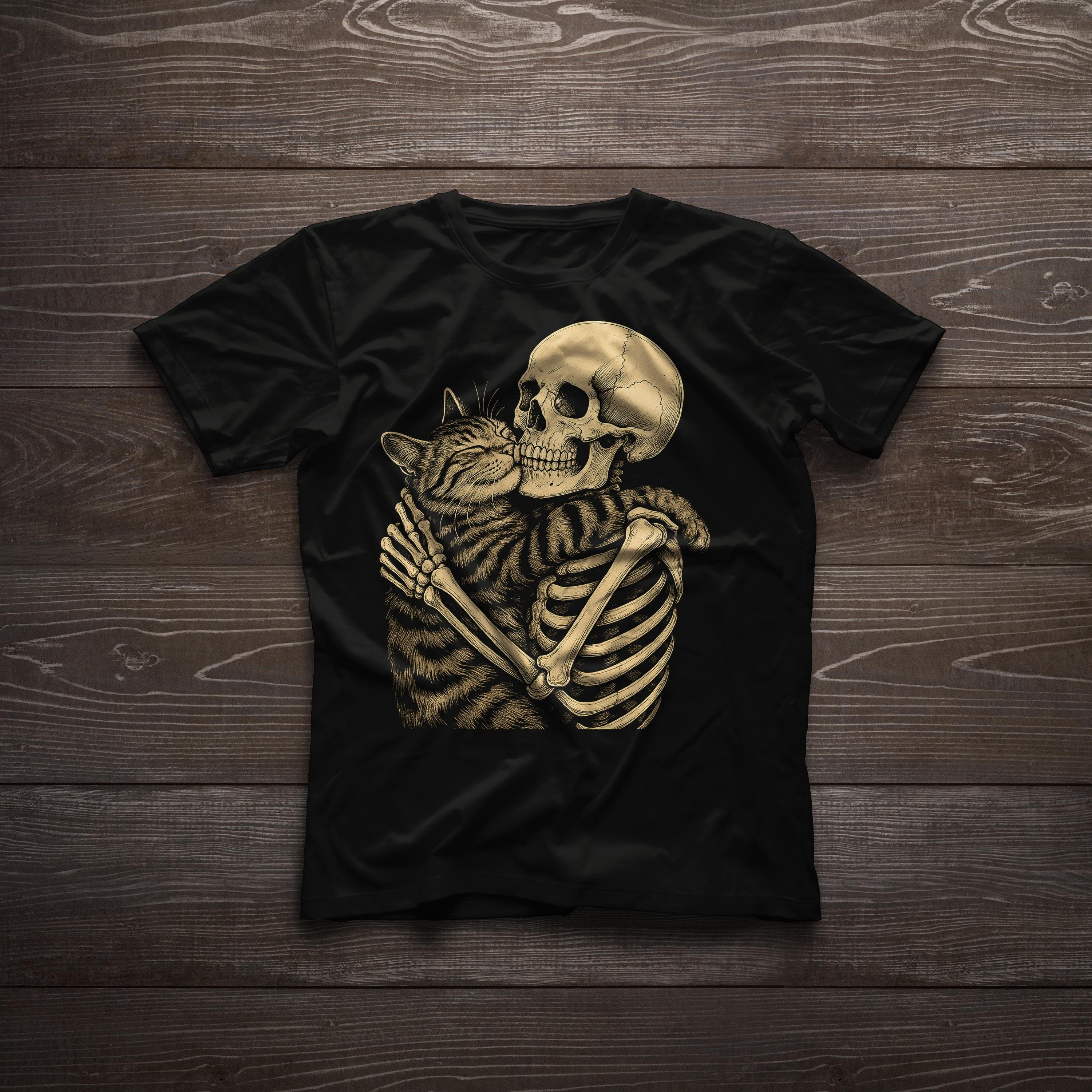 Cat Hugging Skeleton T-Shirt | Funny Gothic Humor Tee