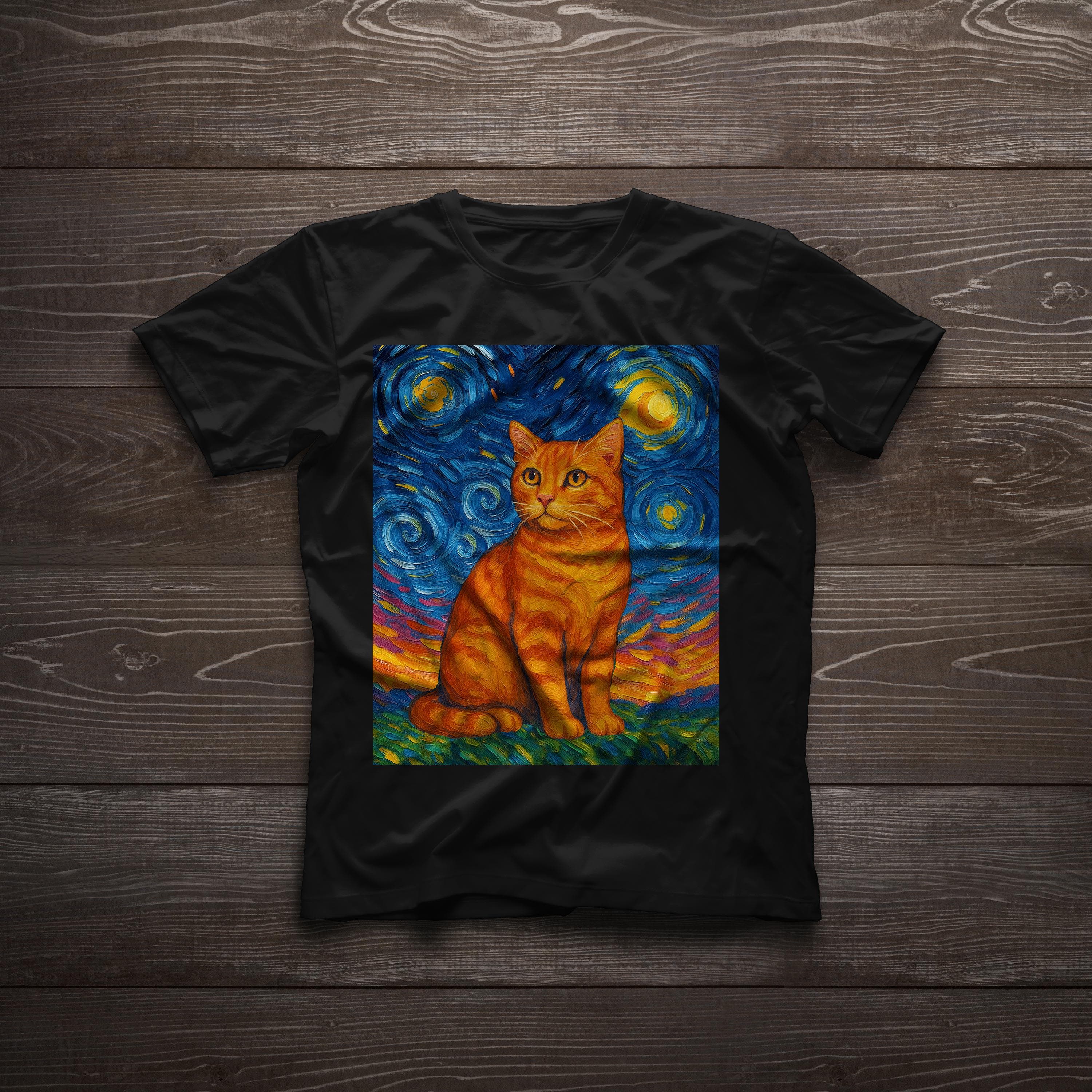 Tabby Van Gogh Starry Night Ginger Tabby Cat Vibrant Orange Marmalade Cat Art T-Shirt
