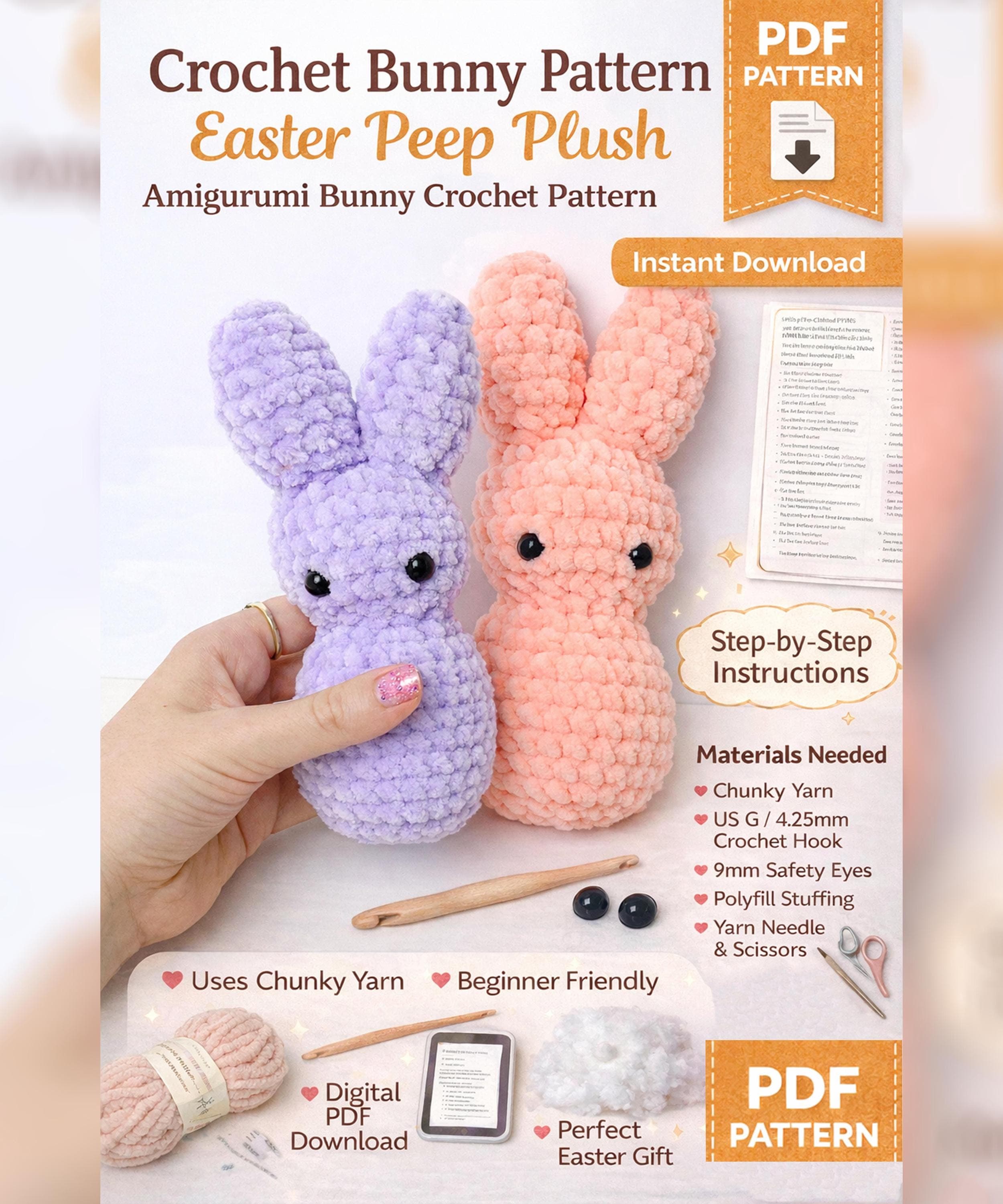 Crochet Bunny Pattern: Chunky Yarn Easter Peep Plush (Digital PDF Download)