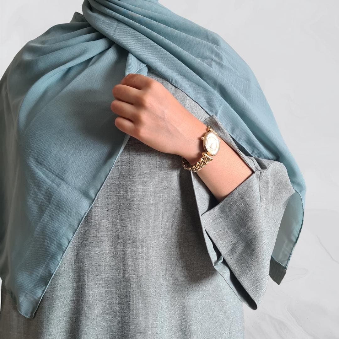Stilvolle Abaya aus salbeigrünem Leinen mit Taschen und passendem Hijab – Bescheidene Mode, bequem, vielseitig Design | Eid Geschenk