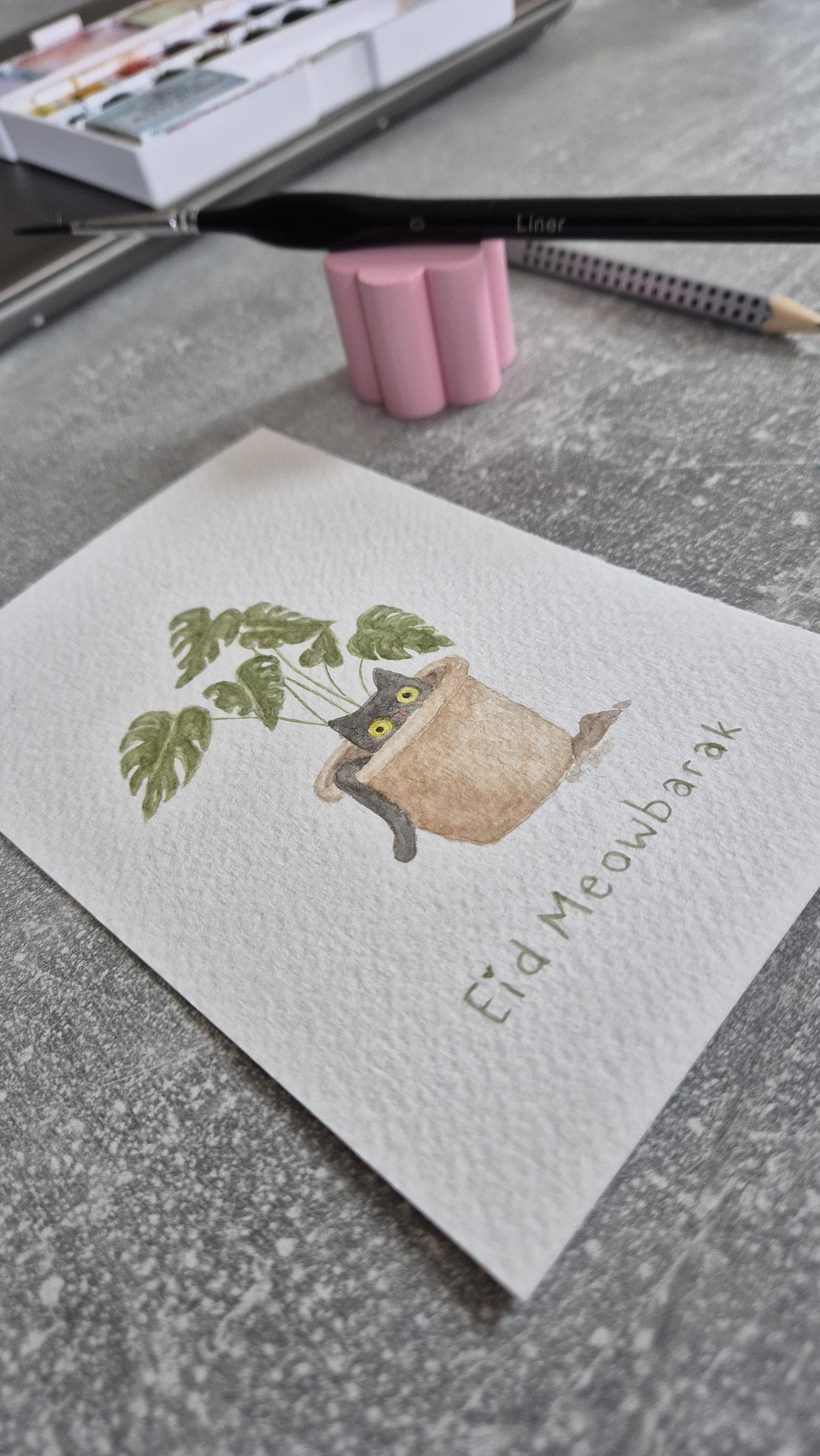 Eid Meowbarak Grußkarte – Handgemaltes Aquarell mit Monstera-Design | Islamische Geschenk | Blumen Kunst Original Eid Ramadan - image 4
