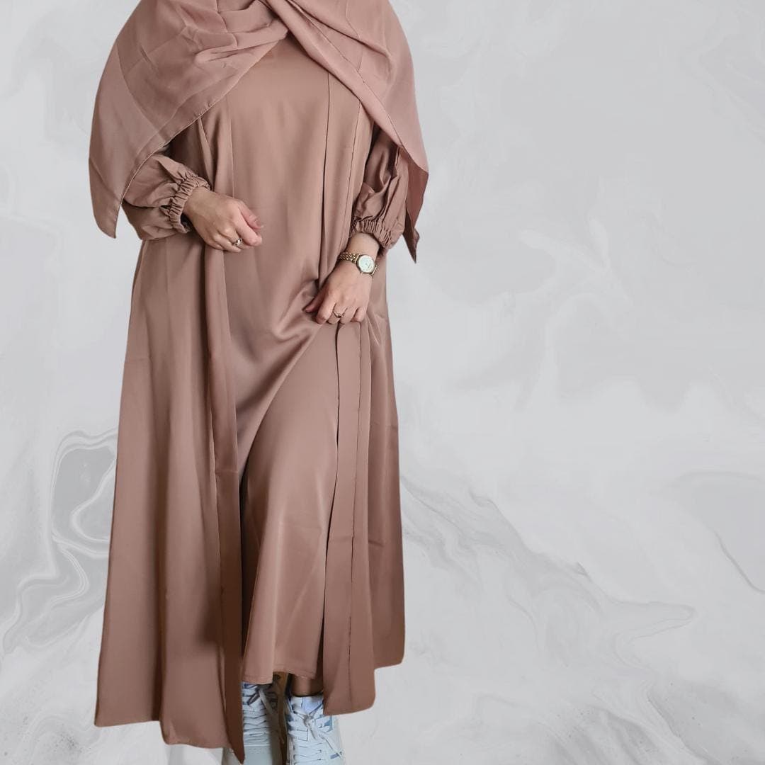 Elegant Open Peach Abaya with Slip Dress, Belt and Hijab - Perfect for Eid, Ramadan, Islamic Fashion, Modest Fashion - image 3