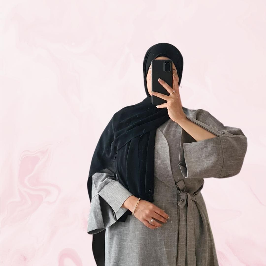 Elegante Wickel-Abaya aus grauem Leinen – Bescheidene Mode, stilvolle muslimische Kleidung, leicht & vielseitig | Eid Ramadan Geschenk Idee