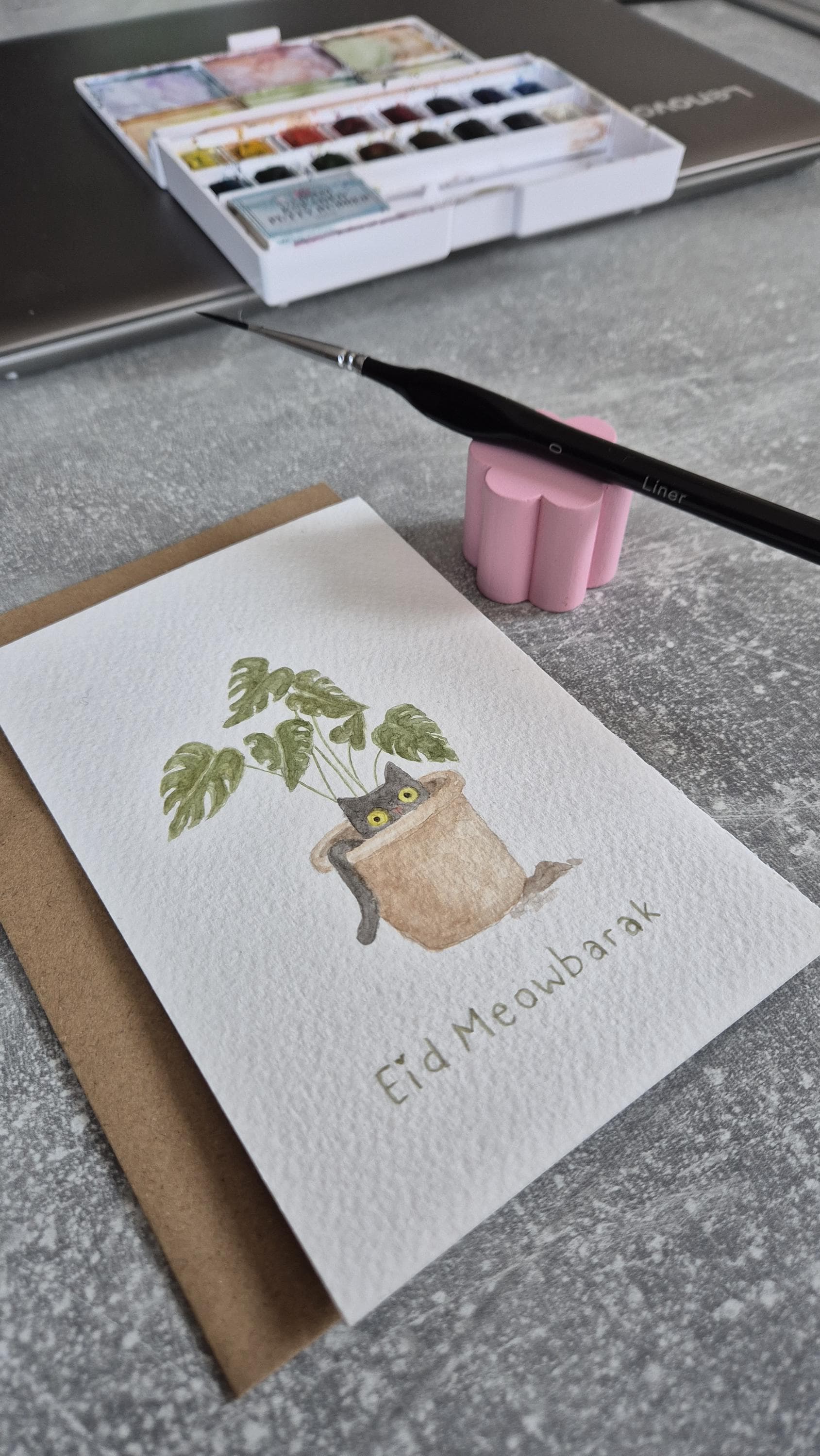 Eid Meowbarak Grußkarte – Handgemaltes Aquarell mit Monstera-Design | Islamische Geschenk | Blumen Kunst Original Eid Ramadan