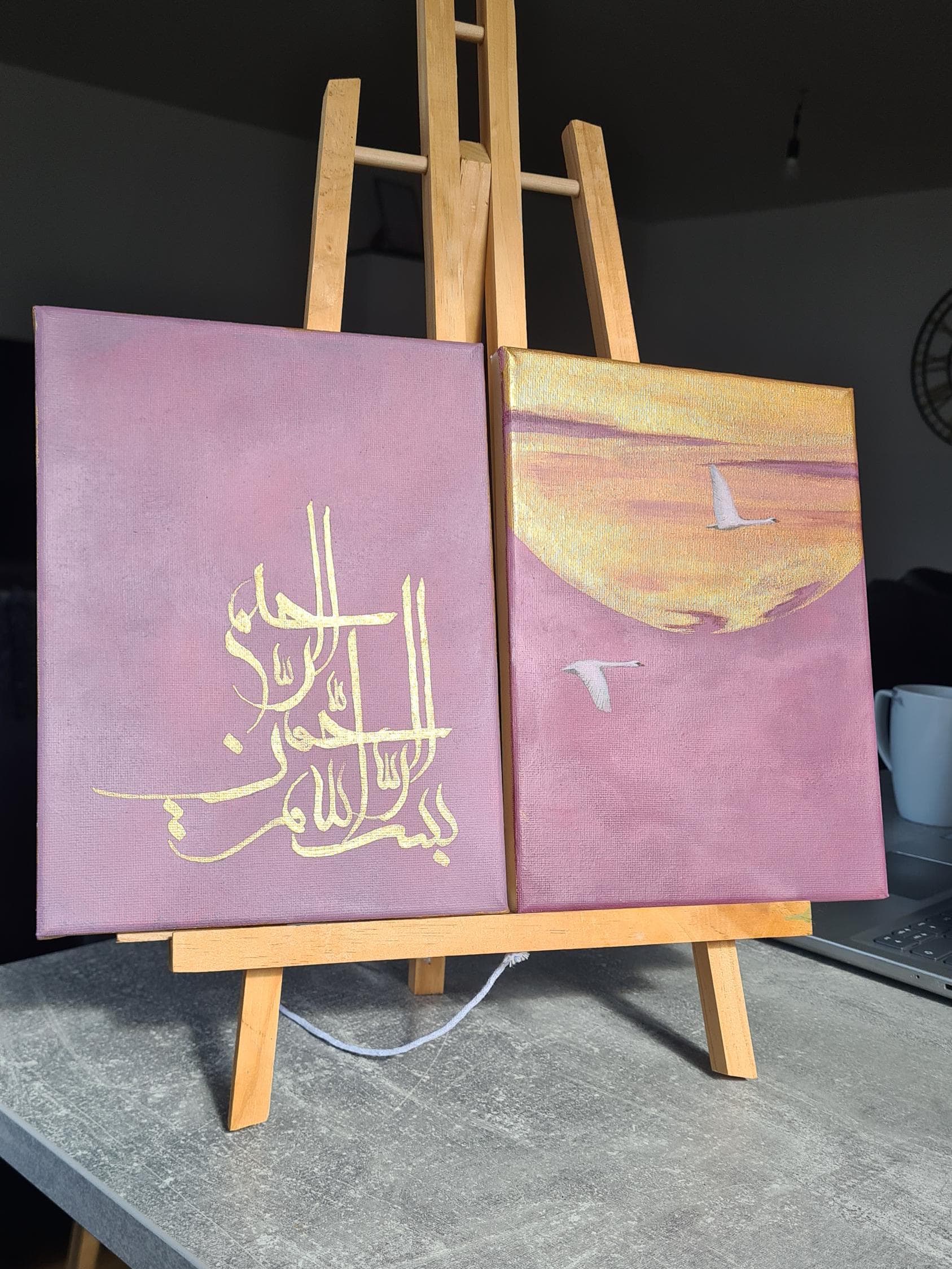 Original Bismillah Calligraphy & Bird Painting Set - Purple Background, Gold Writing | Hand Painted Bird Artwork | Islamic Gift