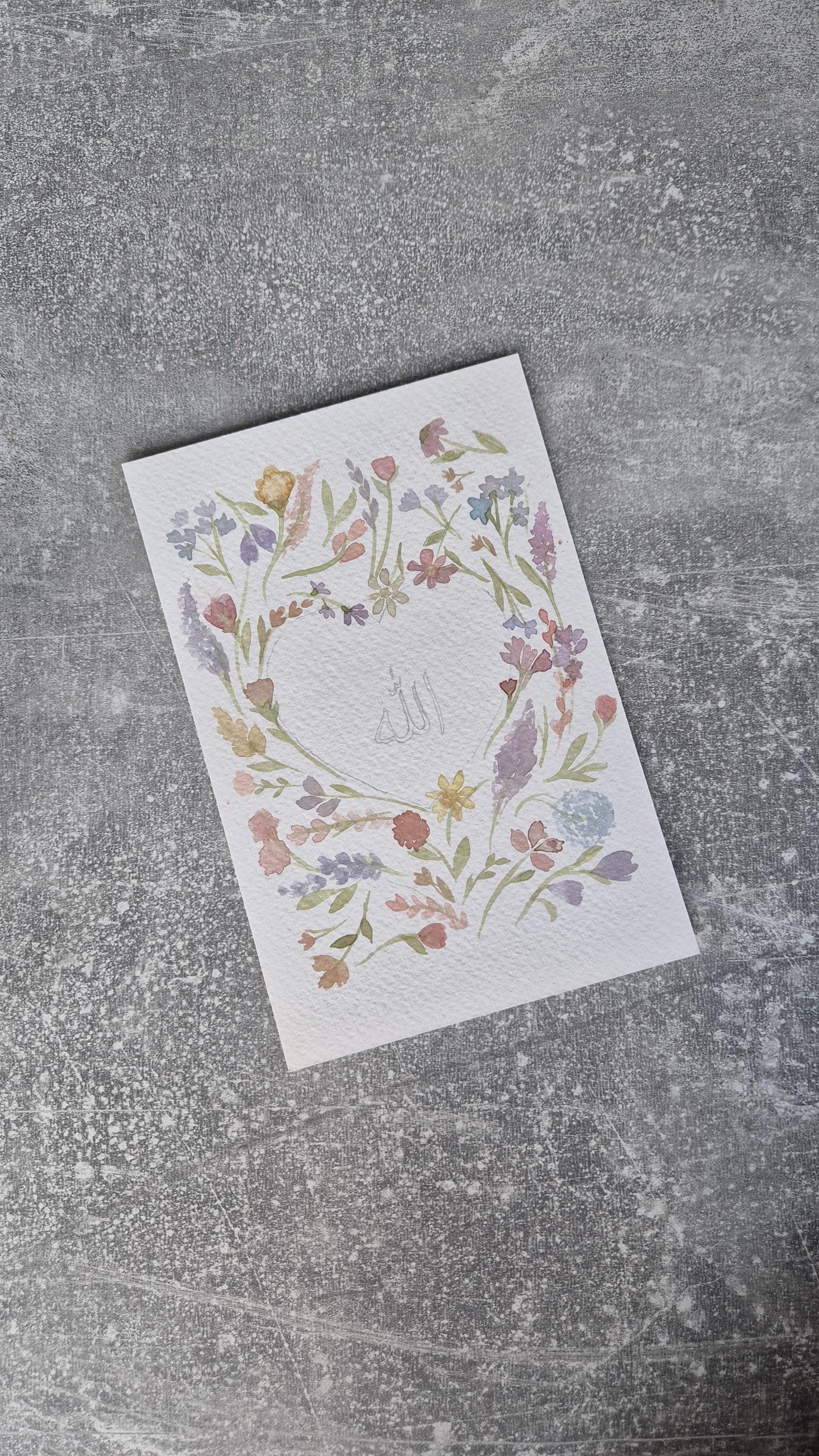 Handgemaltes Aquarellbild "Allah" | Islamische Blumenkunst | Herzförmiges Design | handgemalter Blumenrahmen | kein Druck | bunte Blumen - image 5