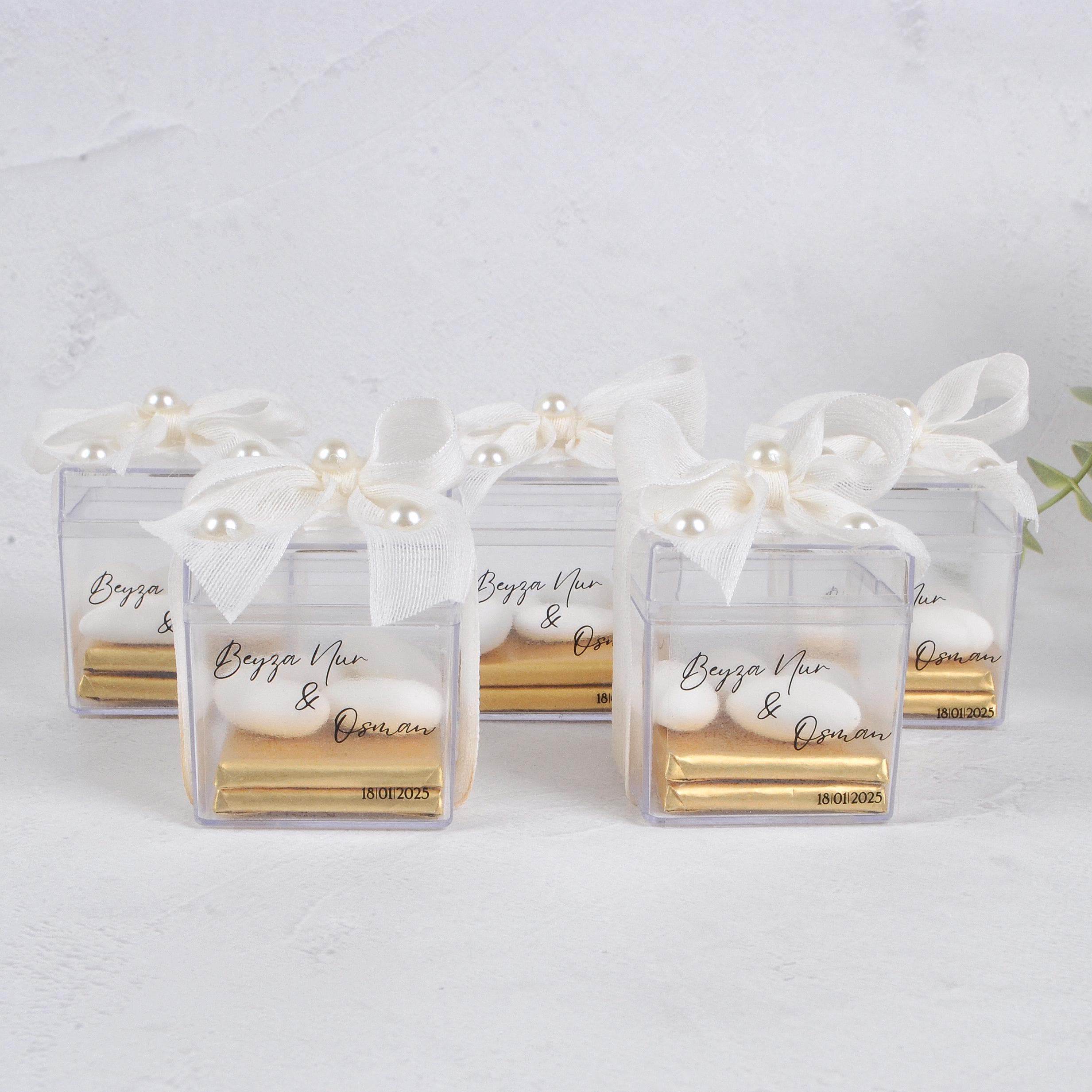 Bulk Chocolate and Almond Candy Favors in Clear Gift Box with Ribbon and Pearls, Elegant Wedding, Engagement, and Event Gifts, Unique Favors
