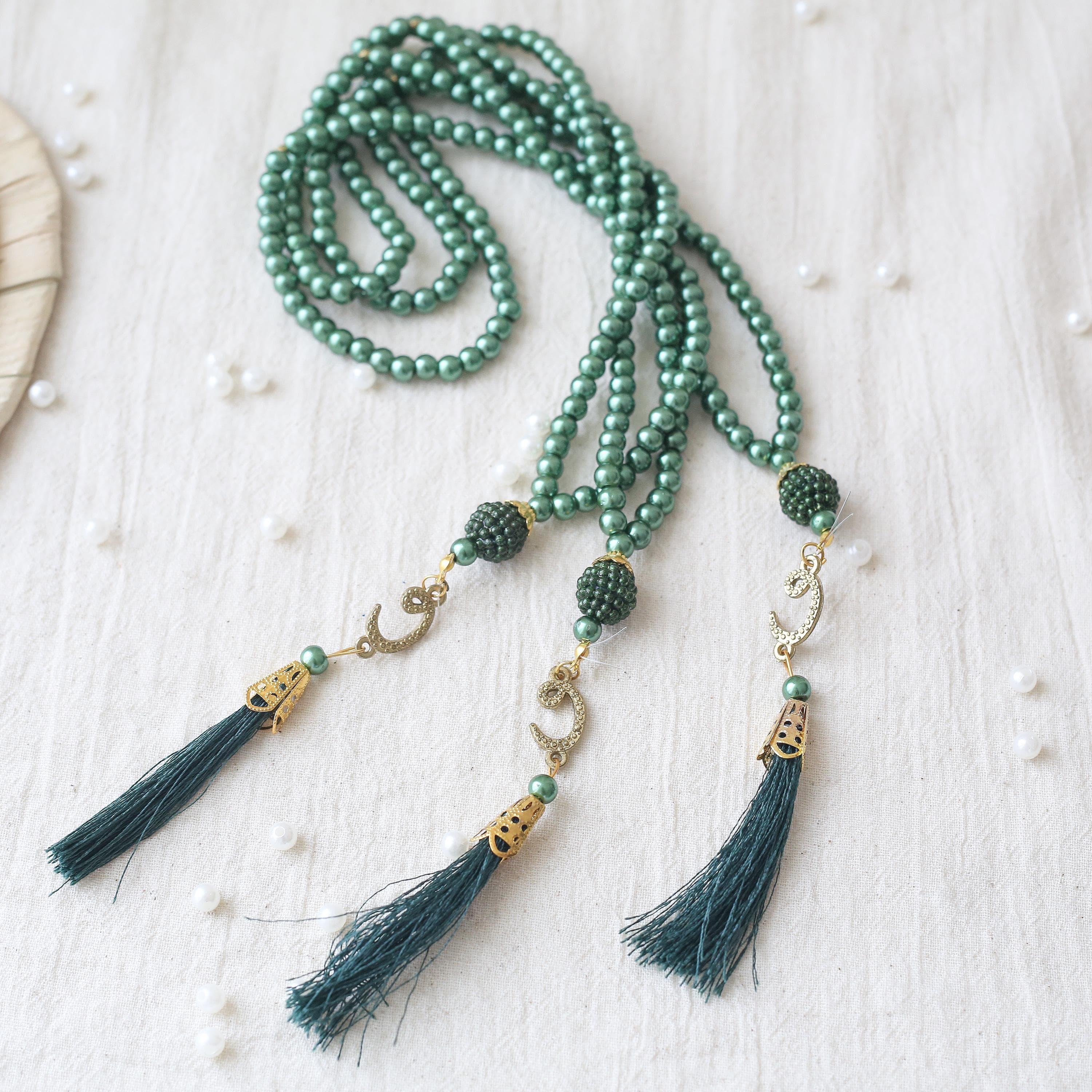 Sage Green Pearl Tasbih Favors: Islamic Prayer Beads, Eid Gift