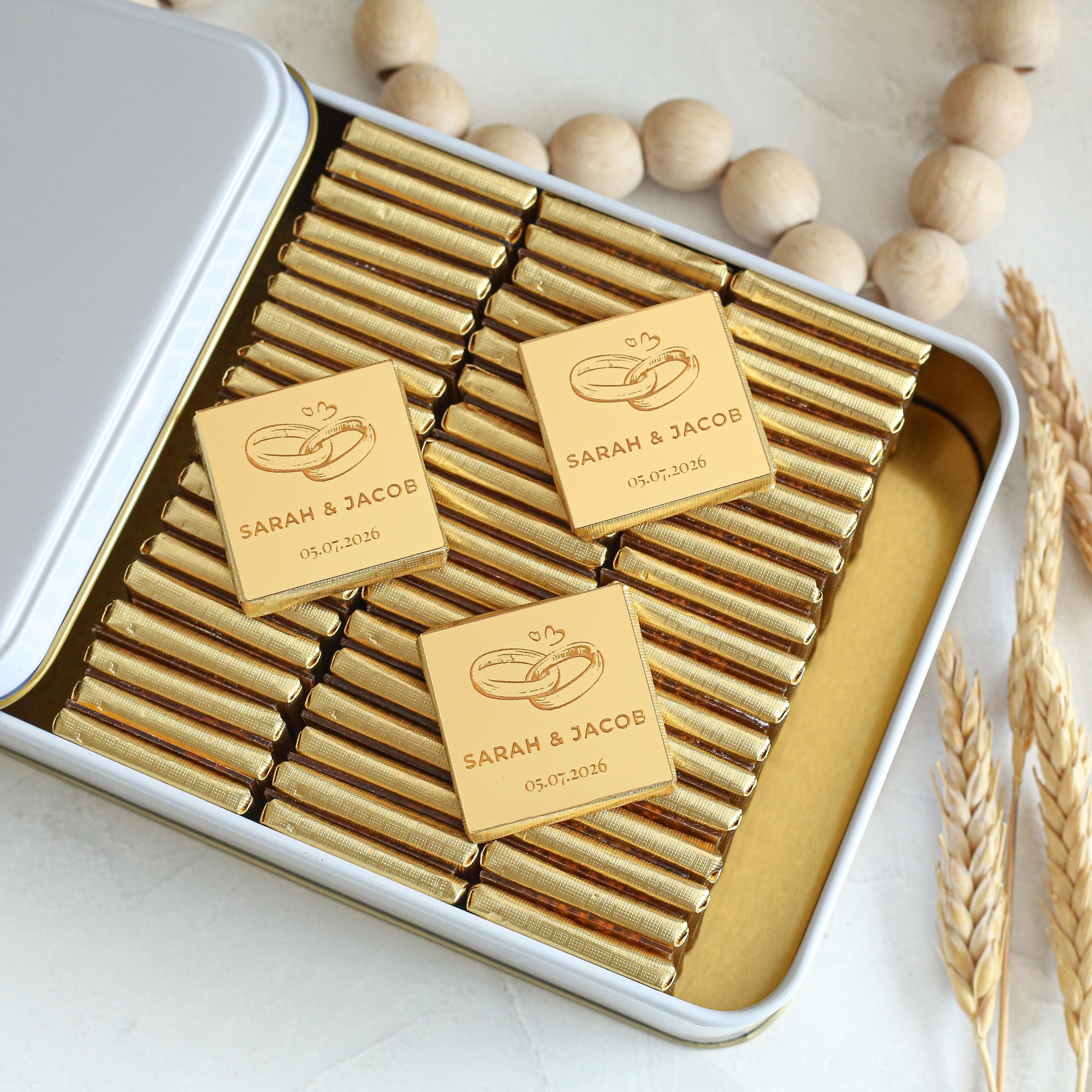 Wedding Personalized Gold Mirror Chocolate, Engagement Plexiglass Chocolate Gift, Custom Wedding Bulk Chocolate Favors, Birthday - image 4