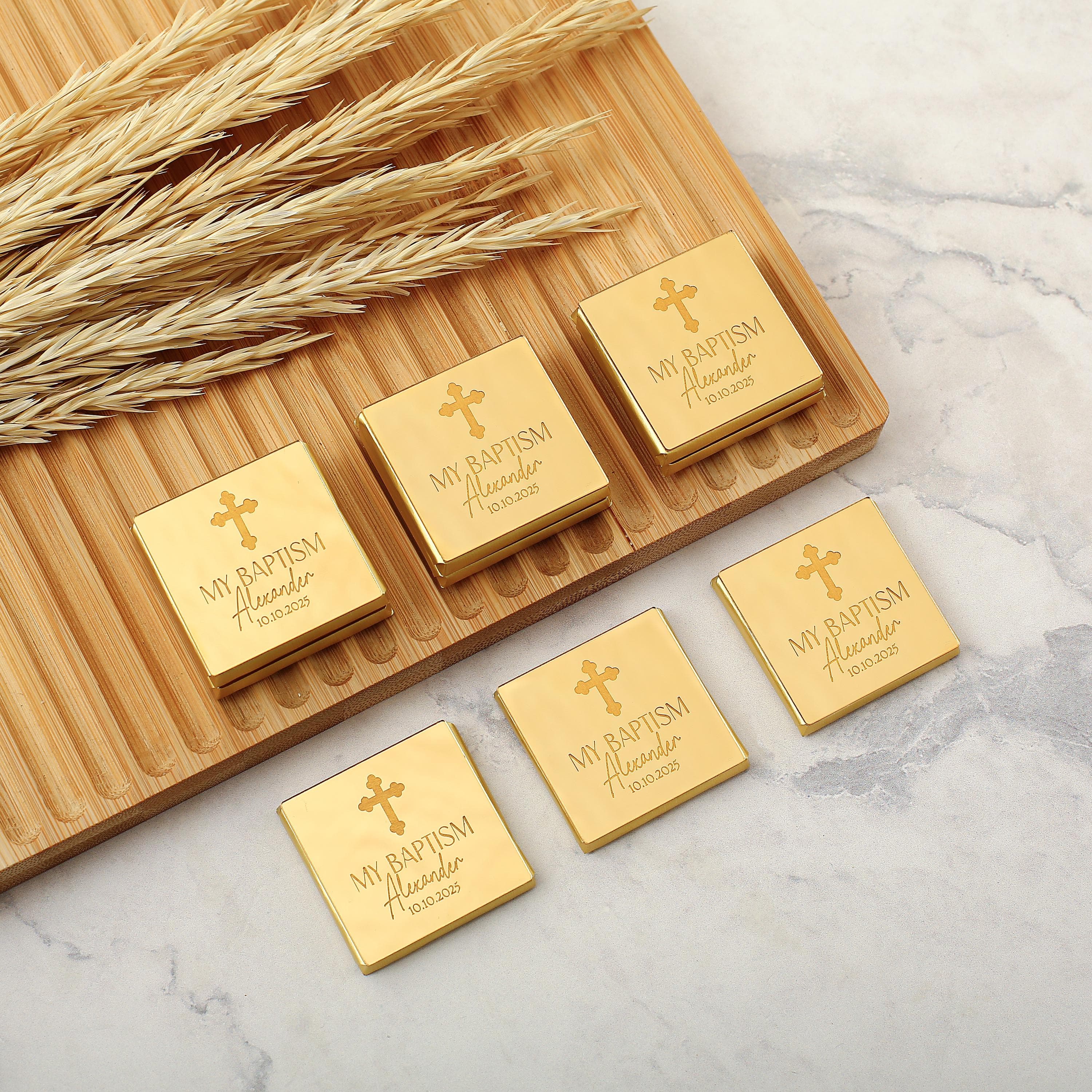 Personalized Chocolate Favors: Gold Plexiglass Wedding, Baptism, Engagement