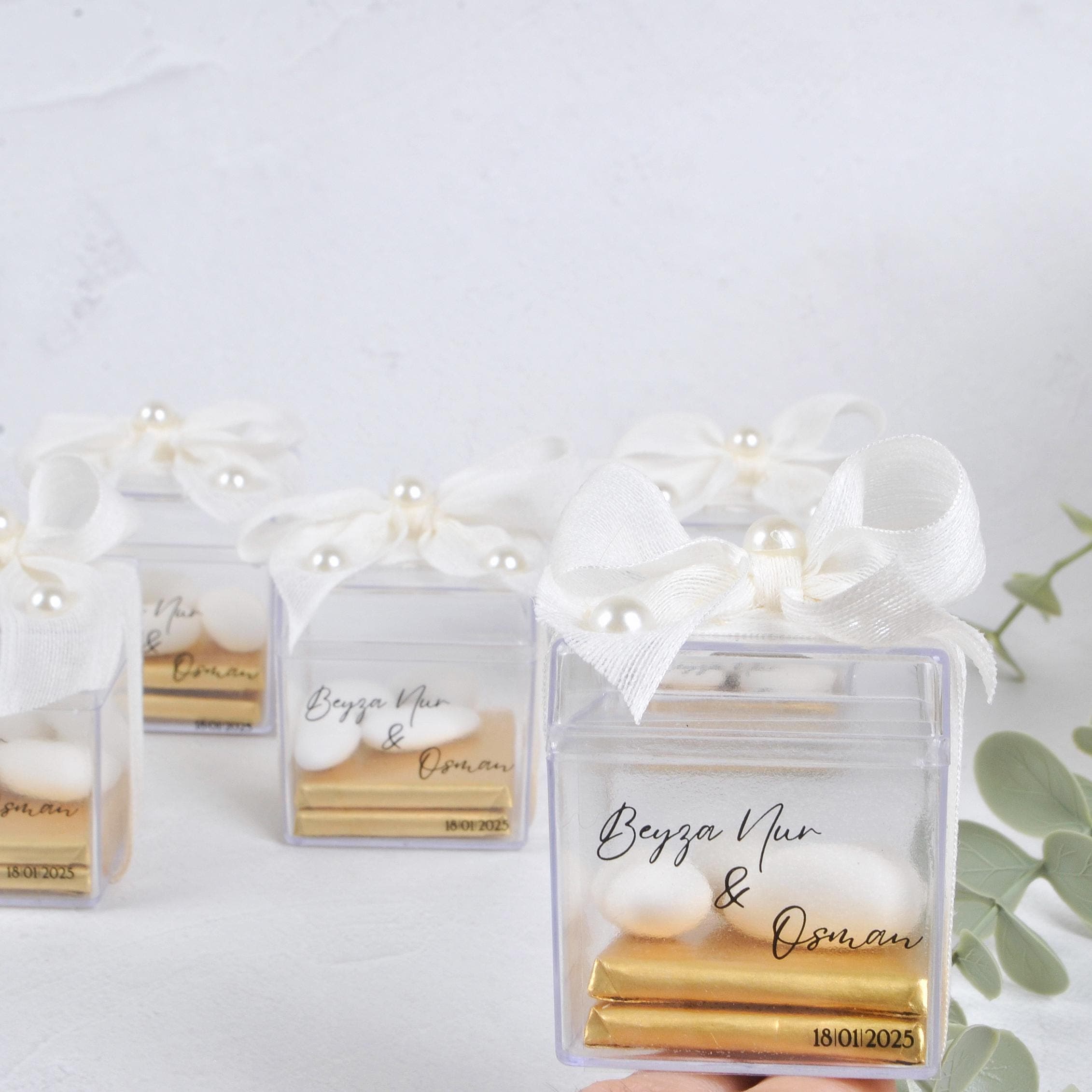 Bulk Chocolate and Almond Candy Favors in Clear Gift Box with Ribbon and Pearls, Elegant Wedding, Engagement, and Event Gifts, Unique Favors - image 4