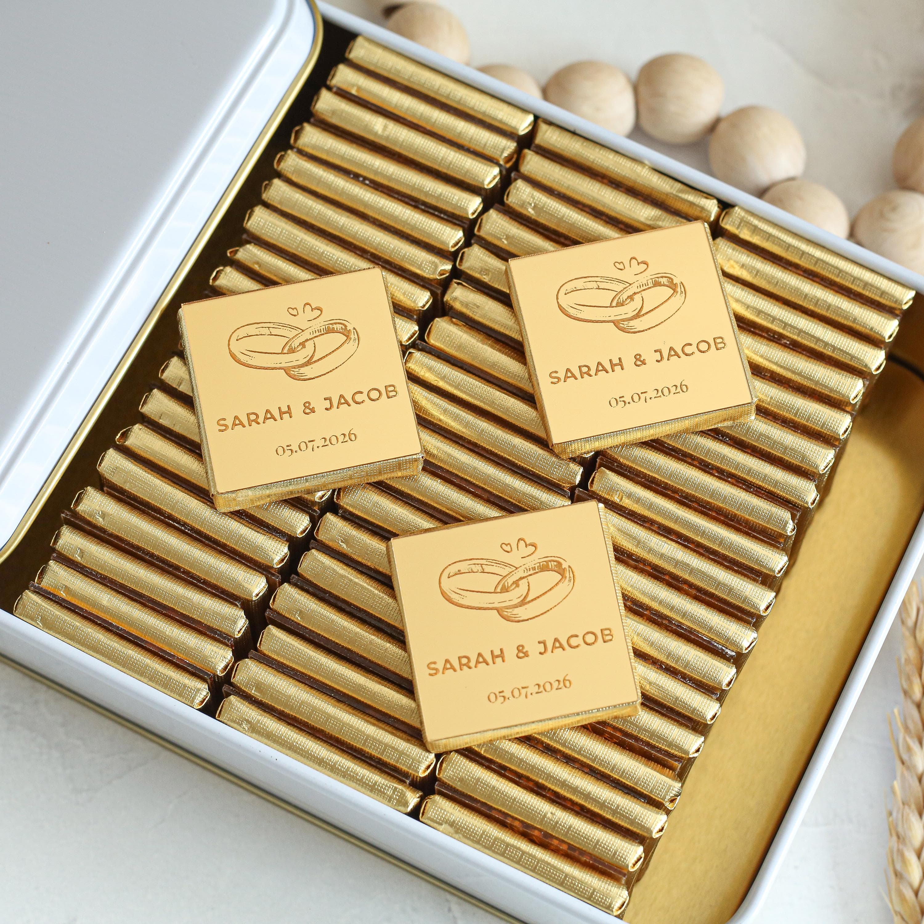 Wedding Personalized Gold Mirror Chocolate, Engagement Plexiglass Chocolate Gift, Custom Wedding Bulk Chocolate Favors, Birthday