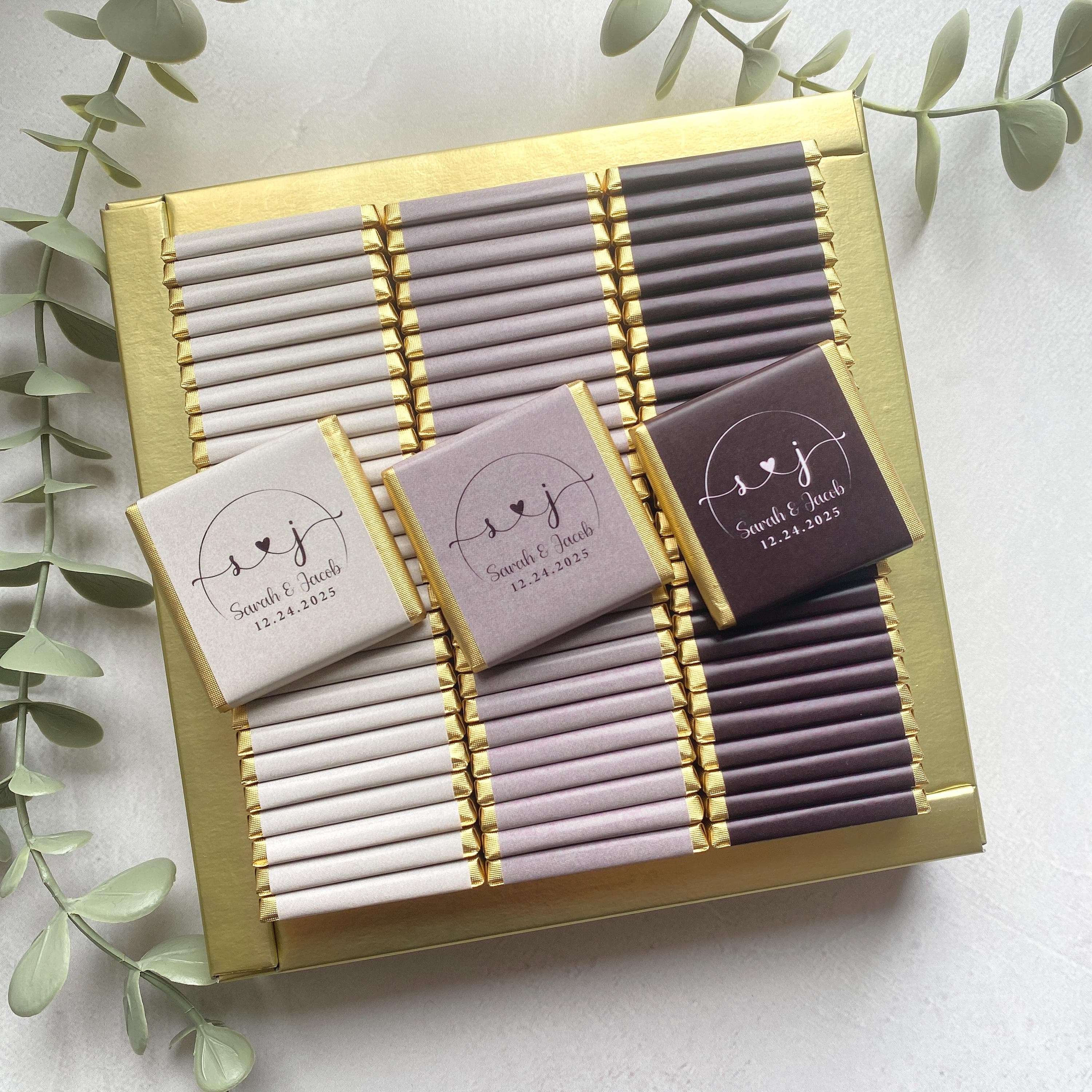 Personalized Wedding Chocolate Favors: Gold Foil, Custom Design (50 Pcs
