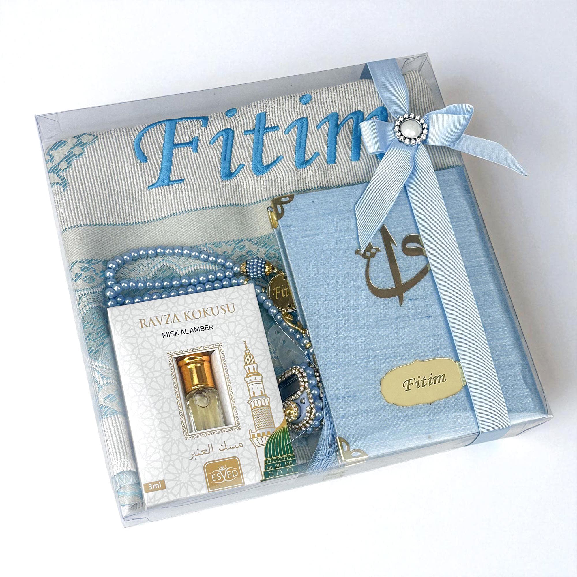 Personalized Prayer Mat, Islamic Gift Set, Prayer Rug for him, Yaseen Dua Book Tasbih Gift, Eid Gift, Ramadan Gift, Birthday Gifts, Blue