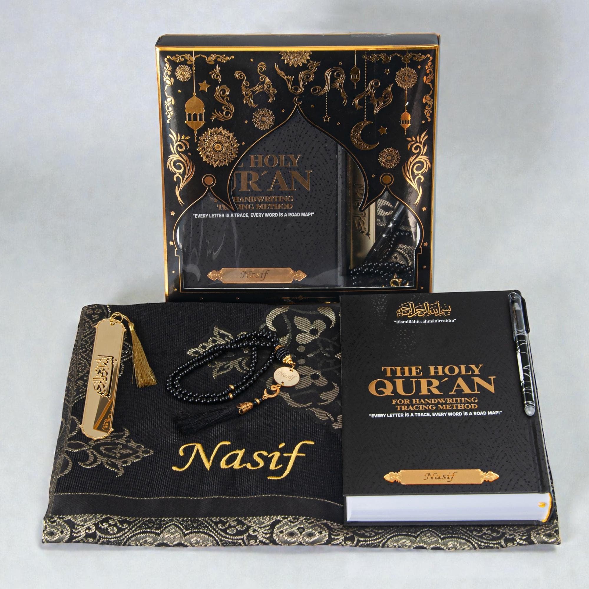 Personalized Tracing Quran Workbook with Custom Prayer Mat, Islamic Gift Set, Prayer Mat & Beads