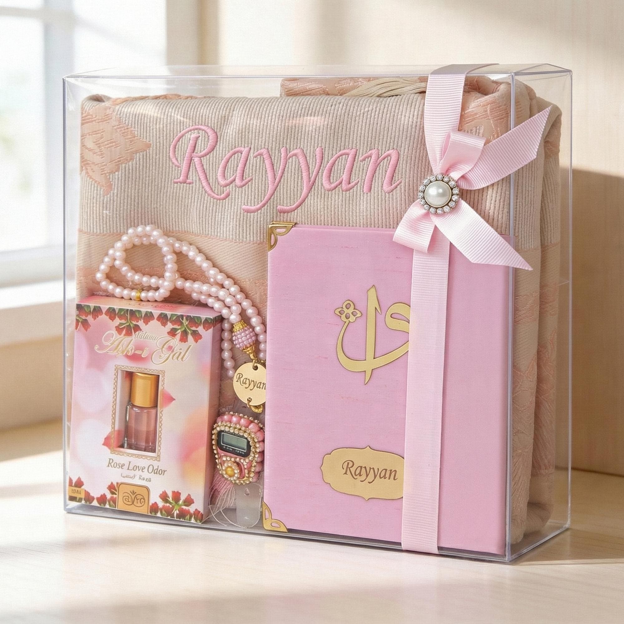 Personalized Islamic Gift Set, Prayer Rug, Yaseen Book, Tasbih