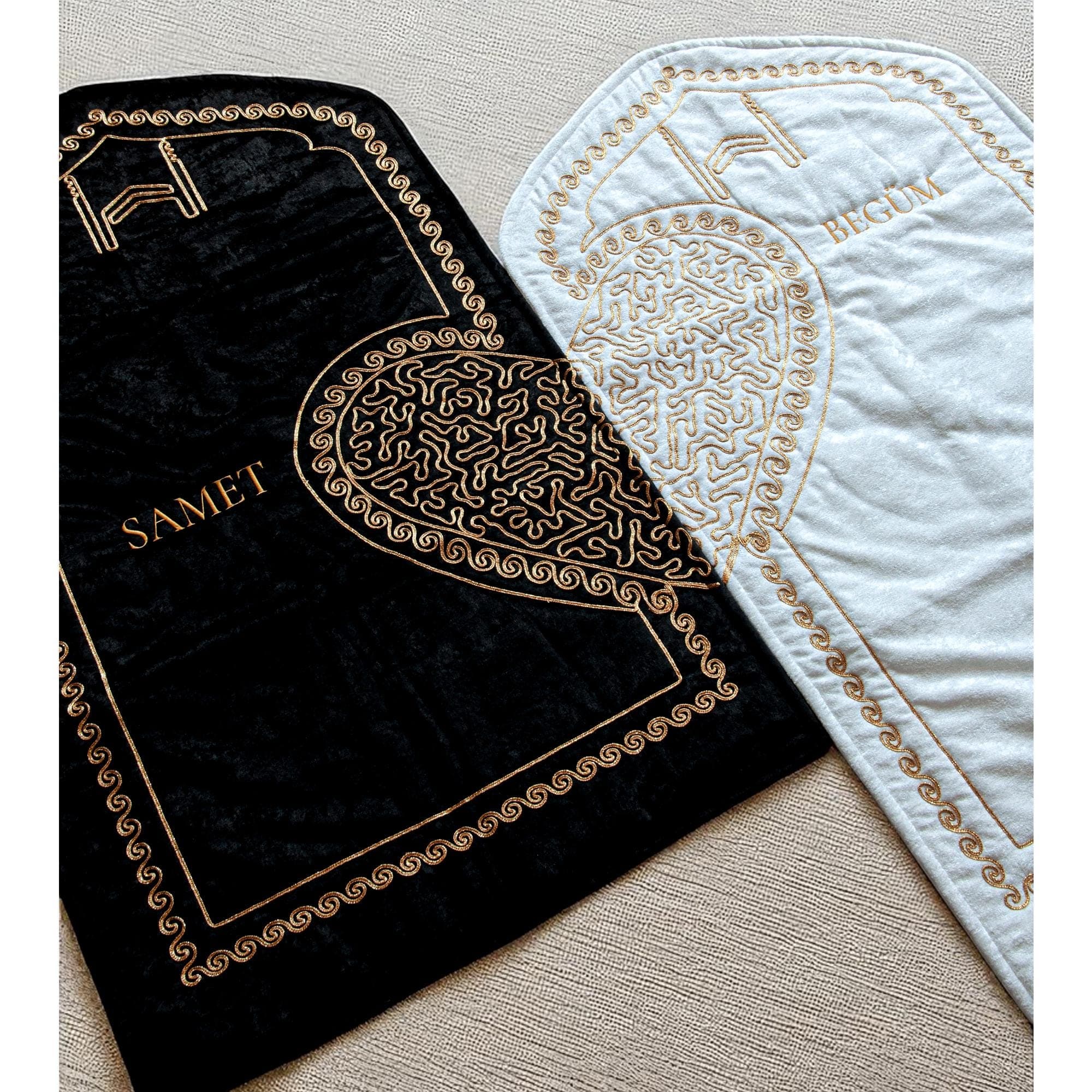 Personalized Couple Prayer Mat Set 2 Heart Shaped Prayer Rugs Gift Eid Islamic Gift Wedding Gift and Rosary Couple Set Gift
