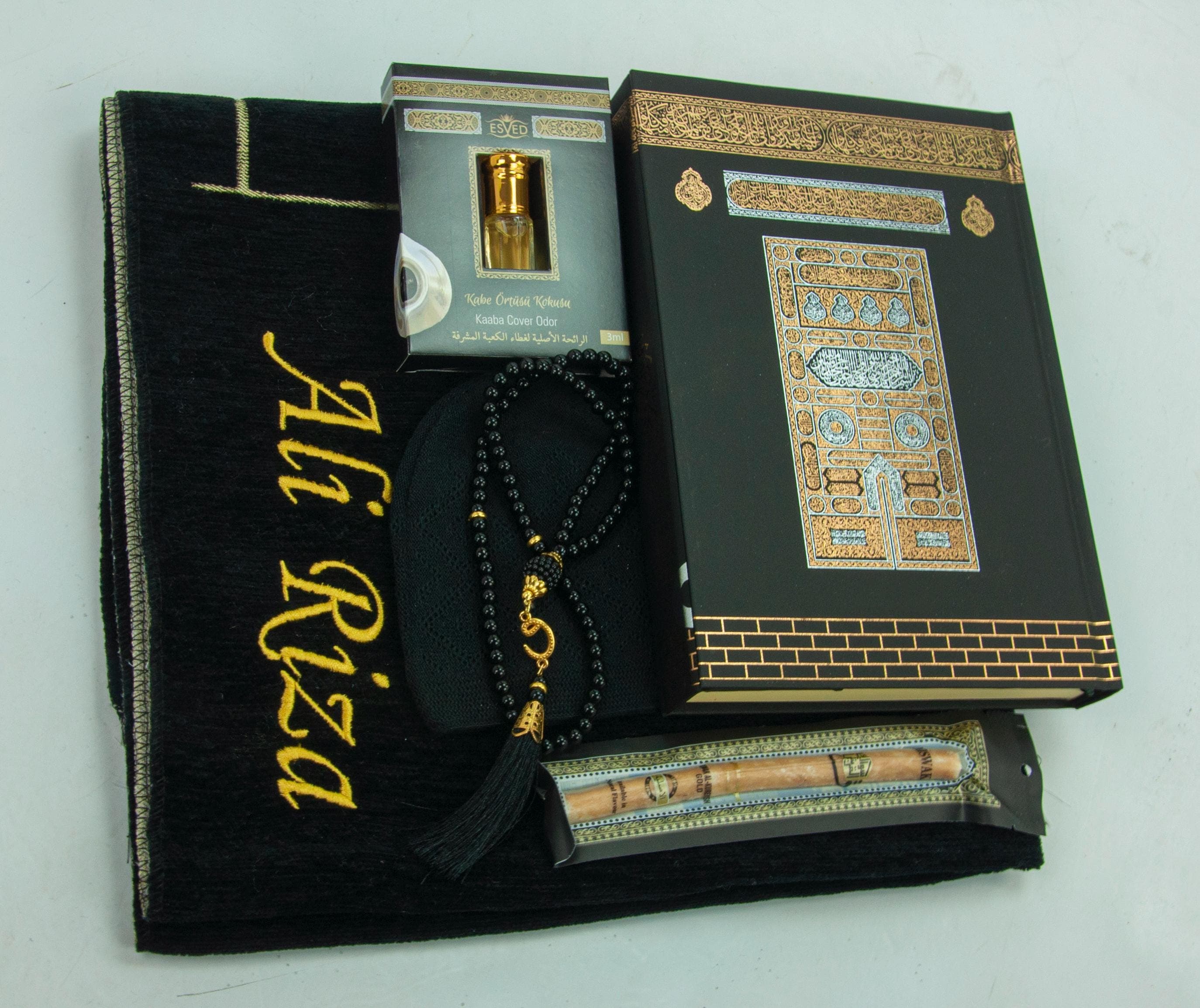 Personalized Islamic Prayer Gift Set: Kaaba Quran, Prayer Rug, Beads, Kufi Hat Black - image 4