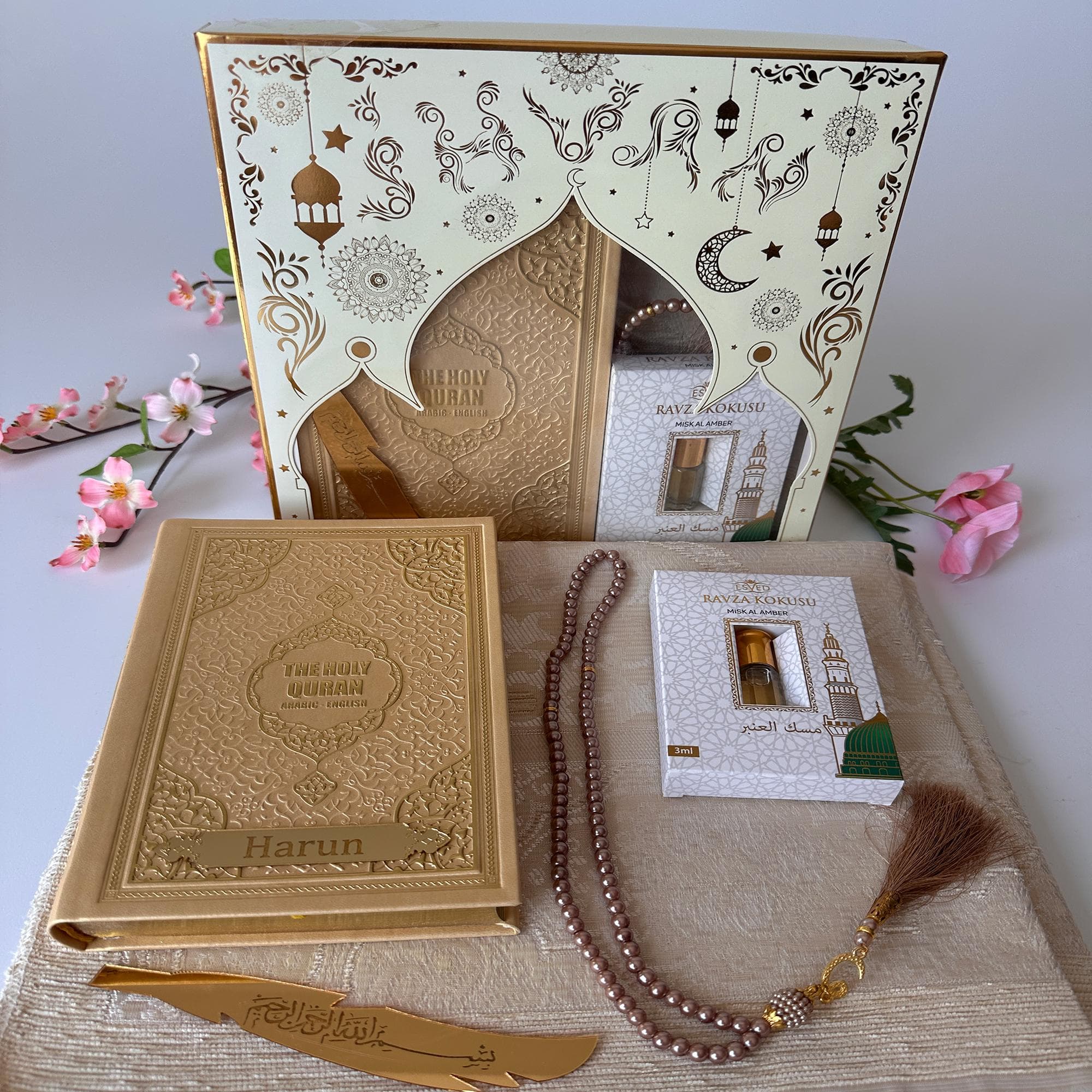 Personalized English Translated Quran Set Muslim Gift Ramadan Gift Islamic Gift, Eid, English Prayer Rug Beads Thermo Leather Cover Cream