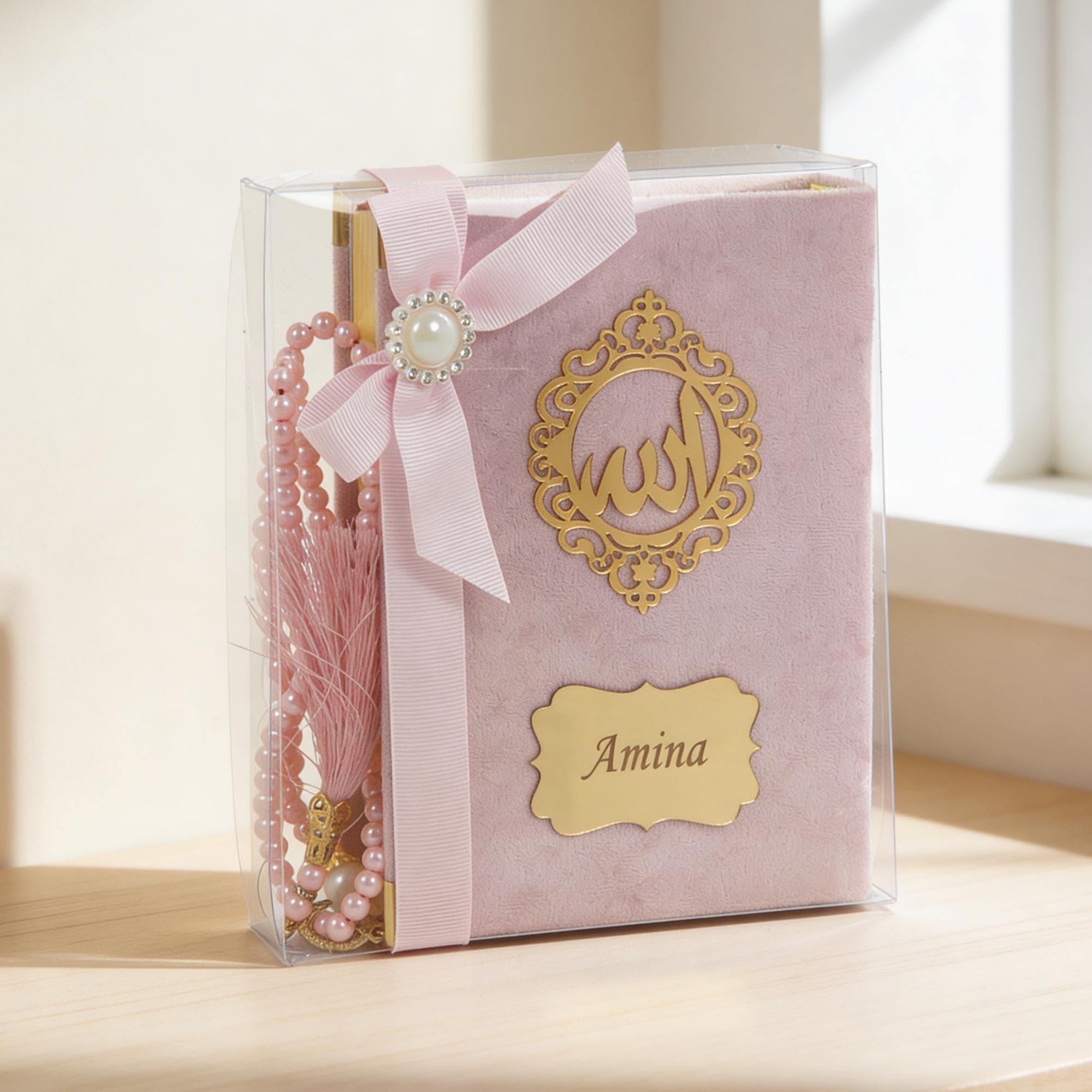 Personalized Velvet Quran Set with Madinah Script, Pocket Size Tasbeeh (12x17cm) Fuchsia - image 3