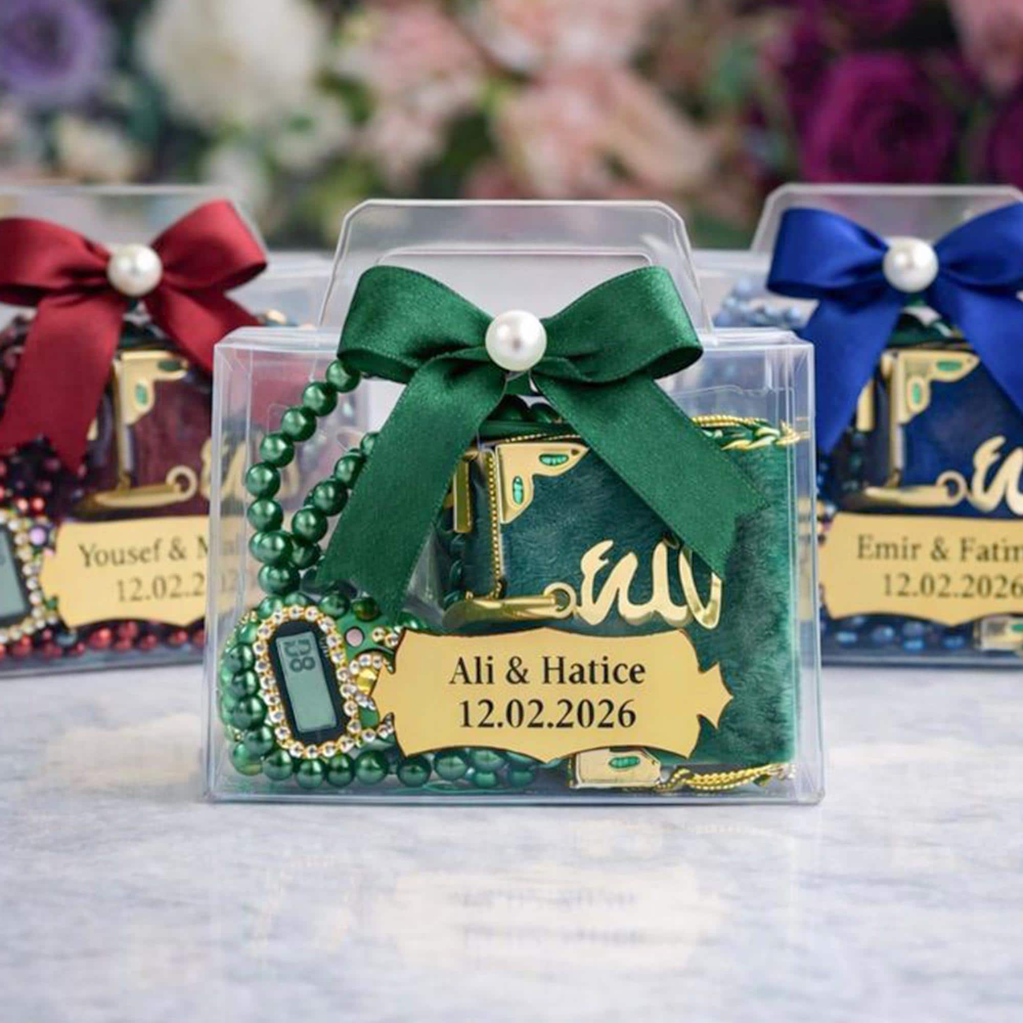 Personalized Velvet Mini Quran Gift Set with Decorative Elegant Box, Velvet, Pearl Tasbeeh Counter, Eid Favor, Wedding Gift