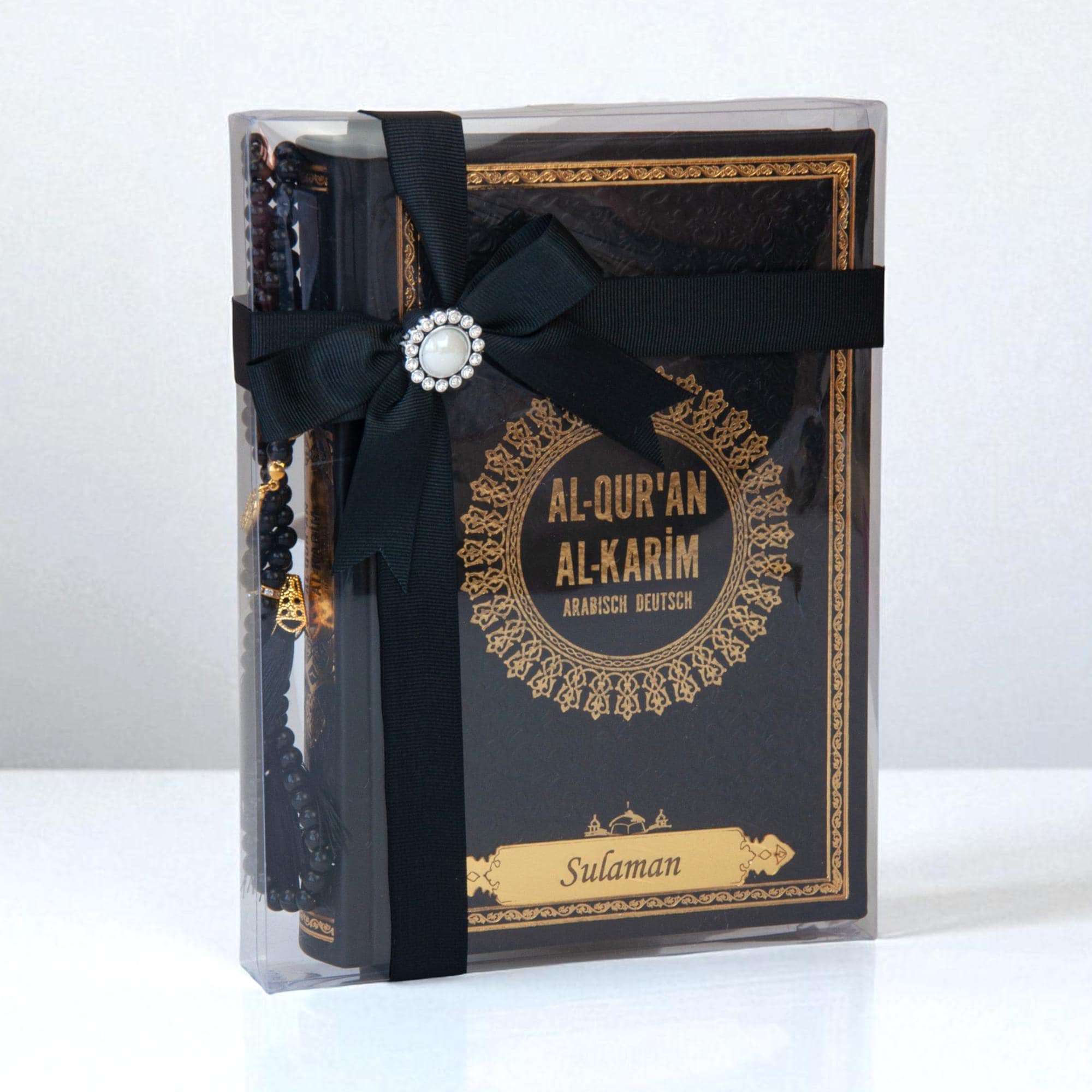 Personalized Pink Arabic German Quran Gift Set with Ribbon and Beads – 14x20cm Islamic Book Perfect for Eid, Wedding, Baby or Shahada