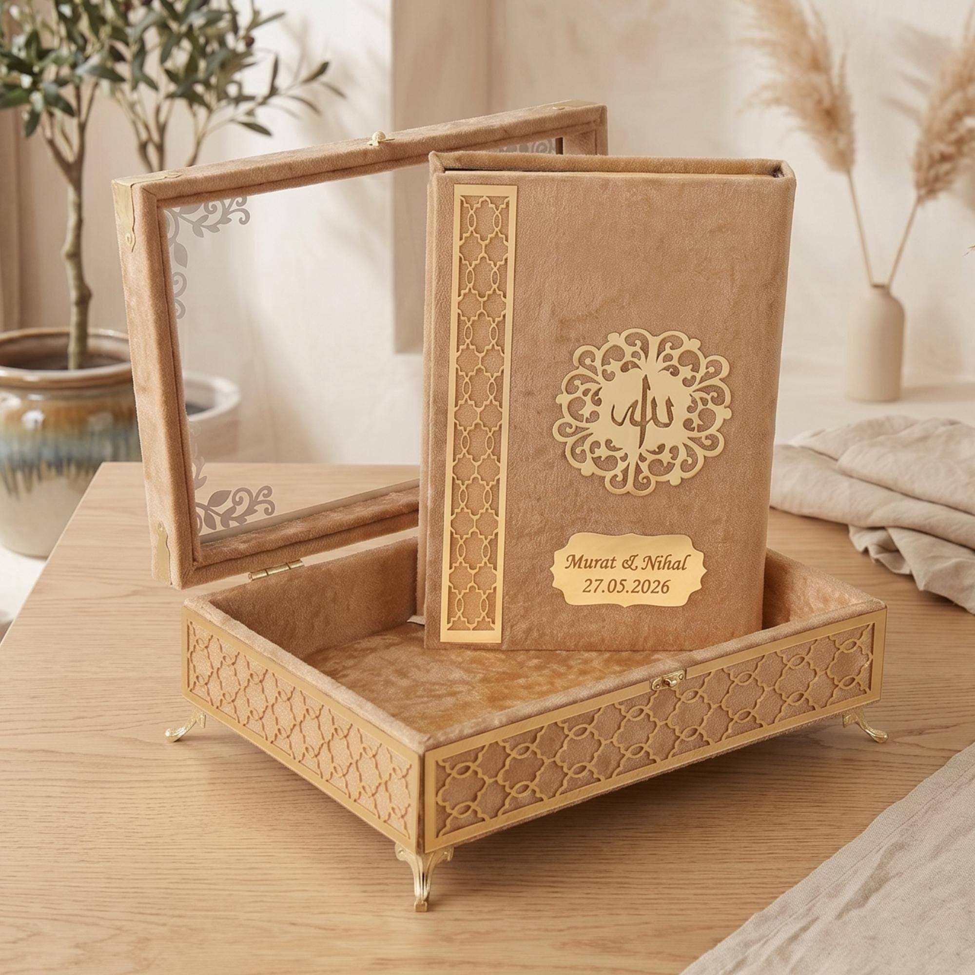 Personalized Velvet Quran Set with Mirrored Chest | Islamic Gift