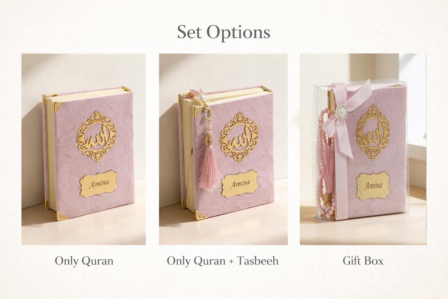 Personalized Velvet Quran Set with Madinah Script, Pocket Size Tasbeeh (12x17cm) Fuchsia - image 4
