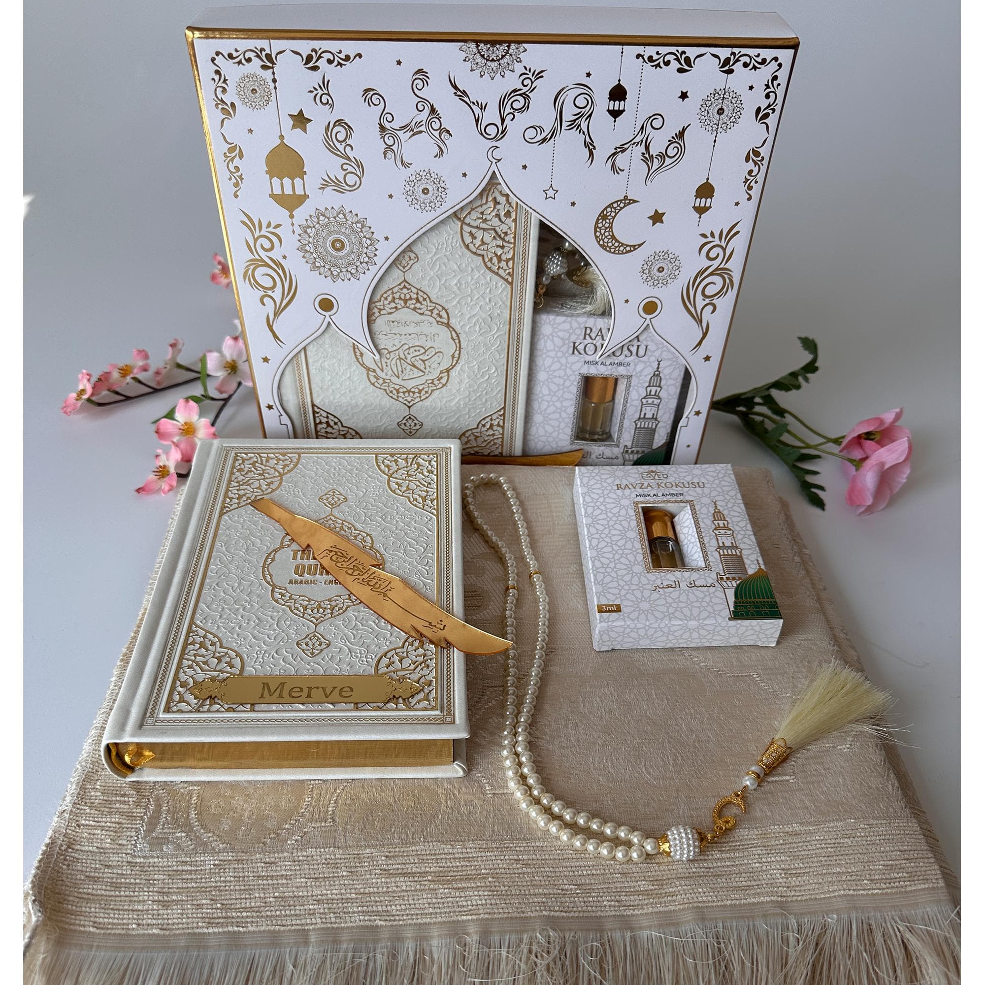 Personalized English Holy Quran and Prayer Mat Set with Thermo Leather Cover | Islamic Gift |