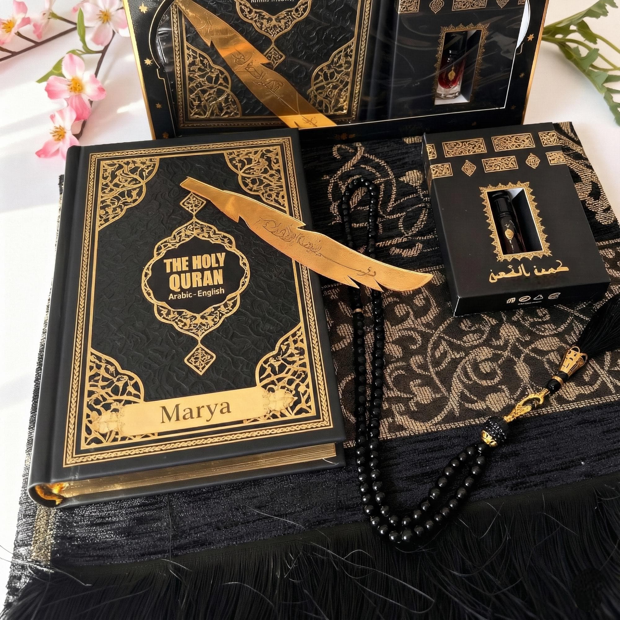 Personalized English Quran and Prayer Rug Set, Rosary, Islamic Gift