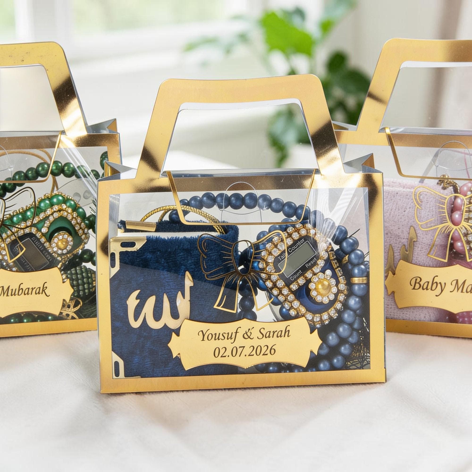 Personalized Velvet Mini Quran Gift Set with Decorative Elegant Box, Pearl Tasbeeh Counter, Eid Favor, Wedding Gift Different Colors
